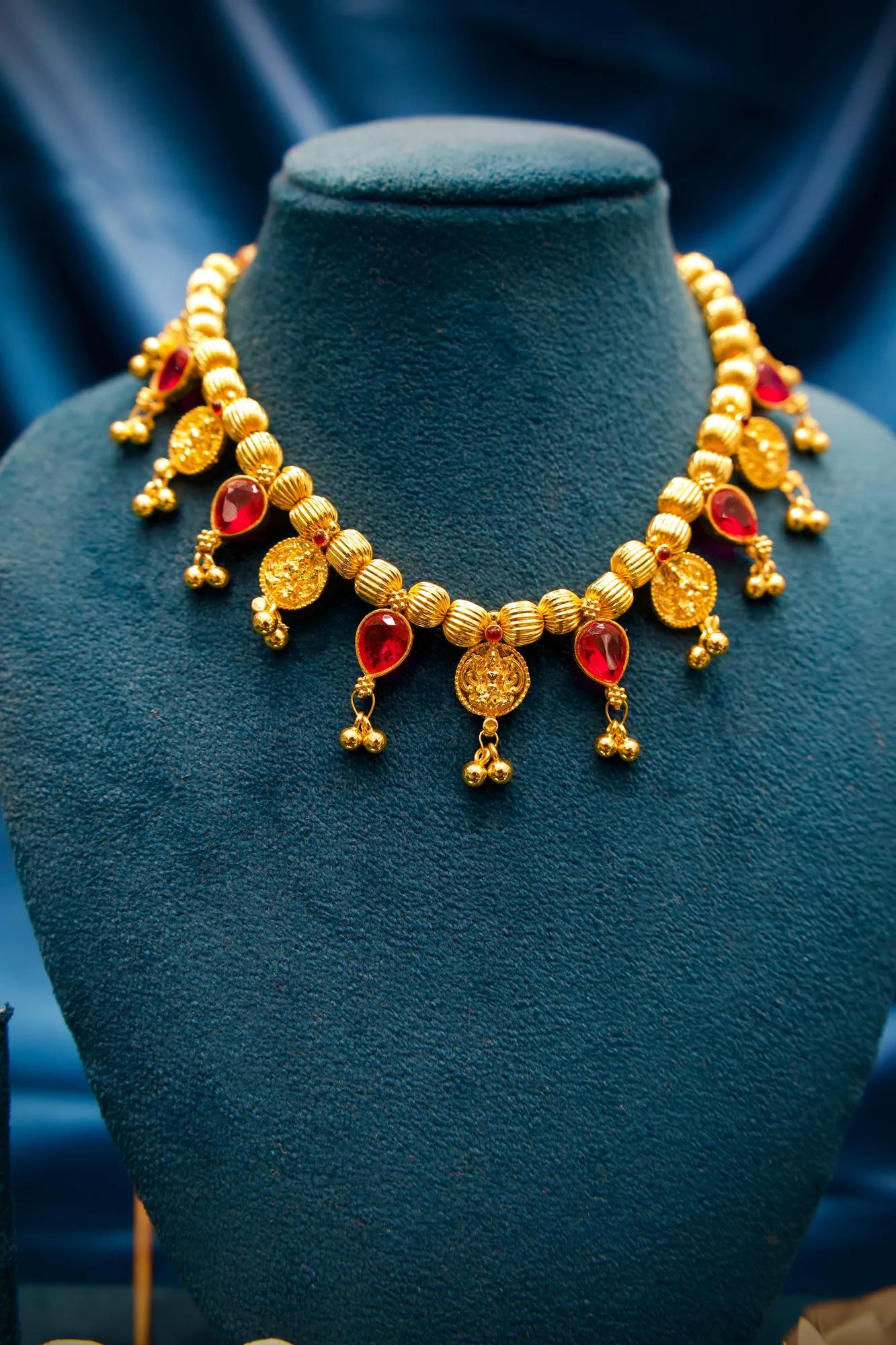 Traditional Coin & Ruby Charm Adjustable Choker Necklace