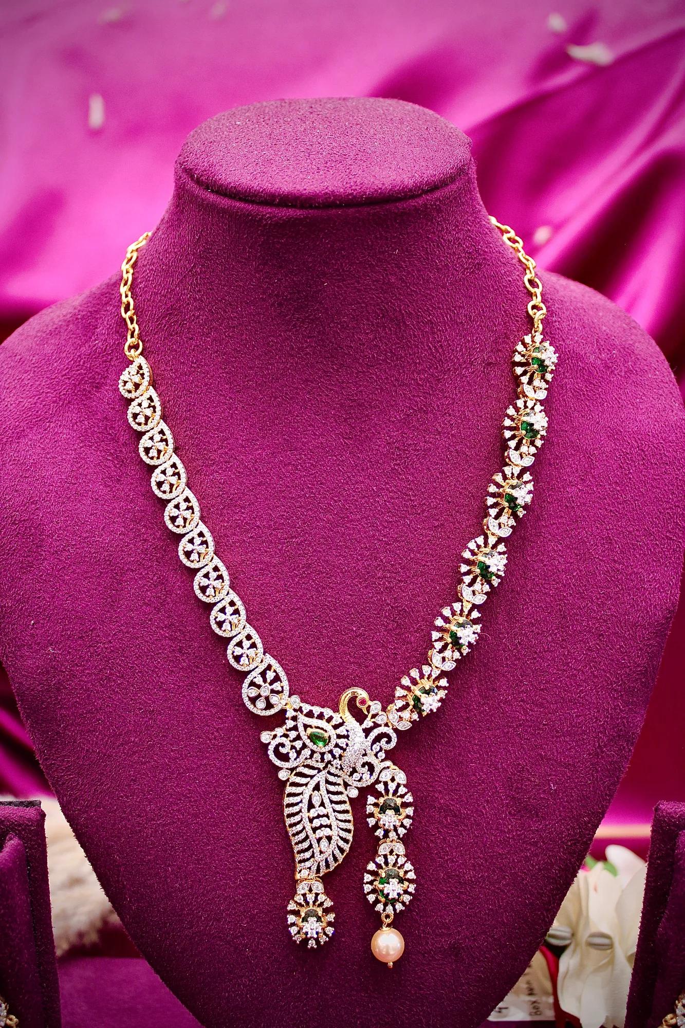 Emerald Peacock Designer Necklace Set with CZ Stones & Pearl Drops