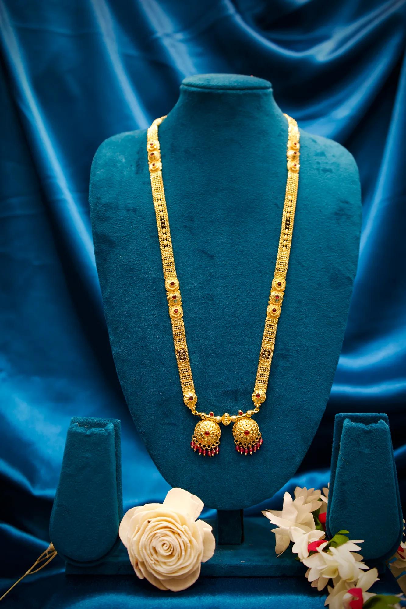 Antique Gold Finish Long Mangalsutra with Twin Jhumka Pendant Design