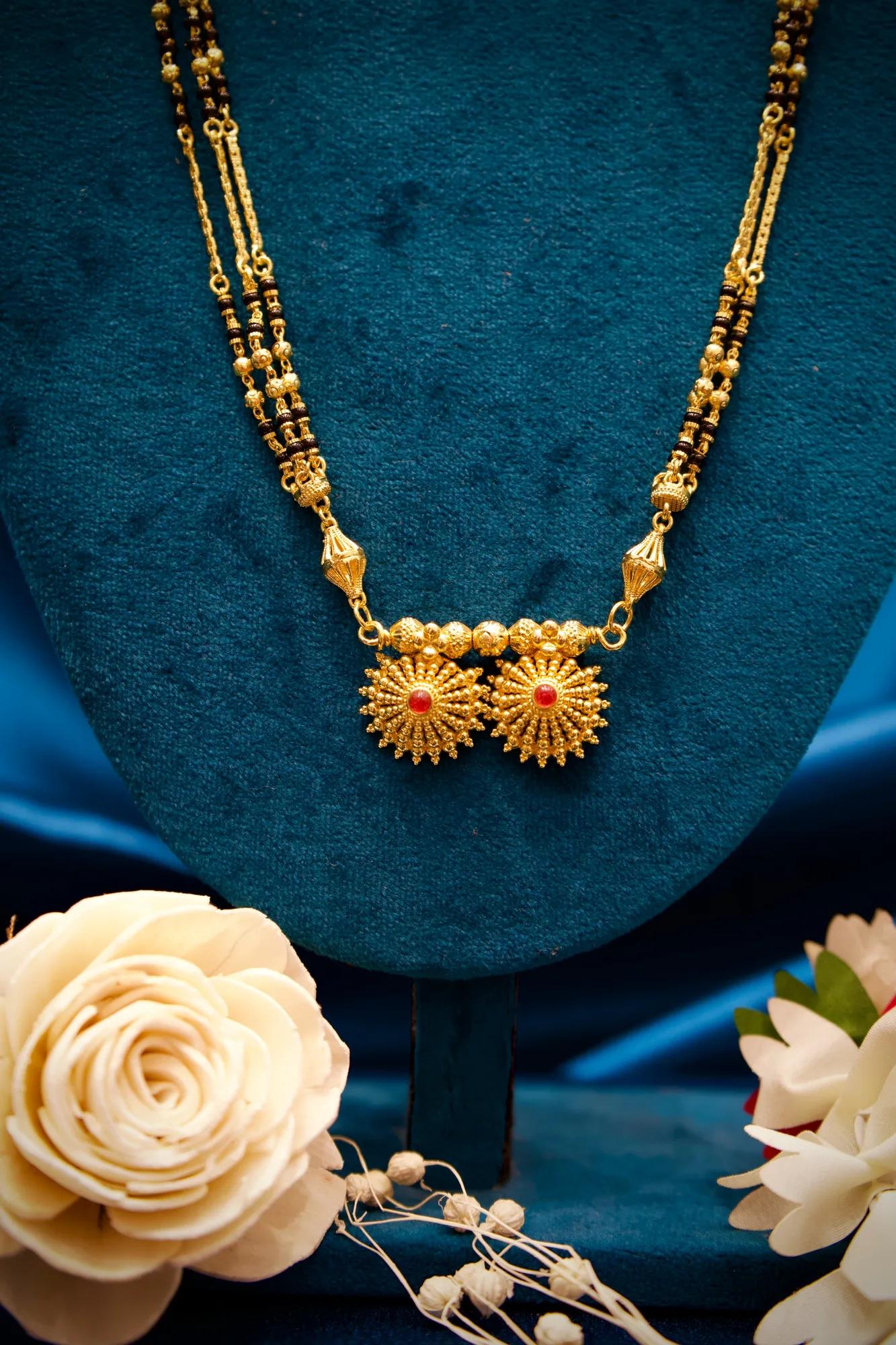 Dual Sunflower Pendant Traditional Black Bead Mangalsutra