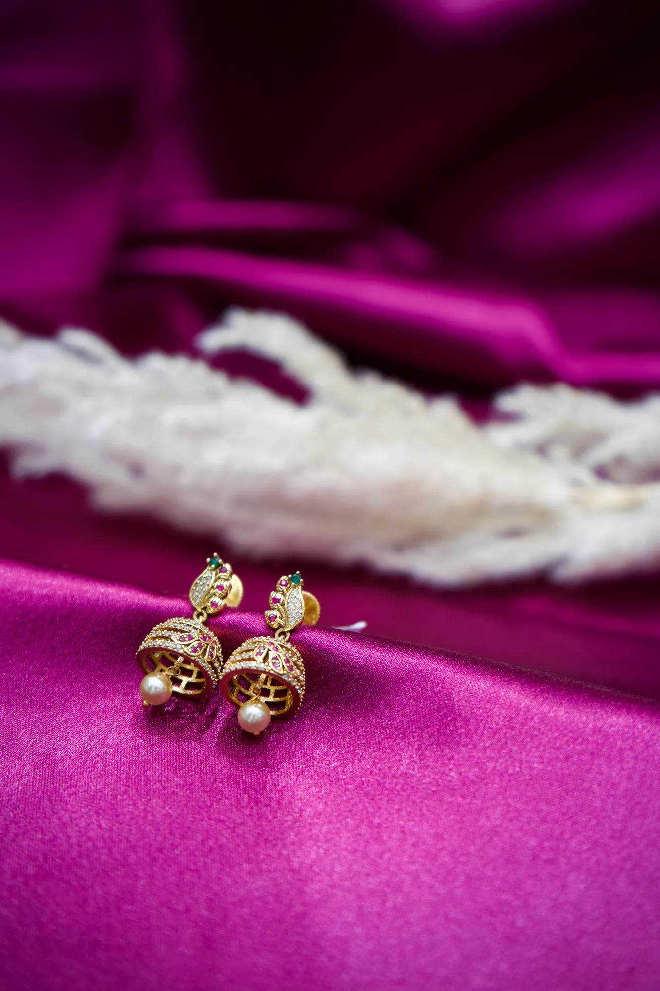 Elegant CZ Bell Jhumka Earrings with Pearl Drop — Image 2