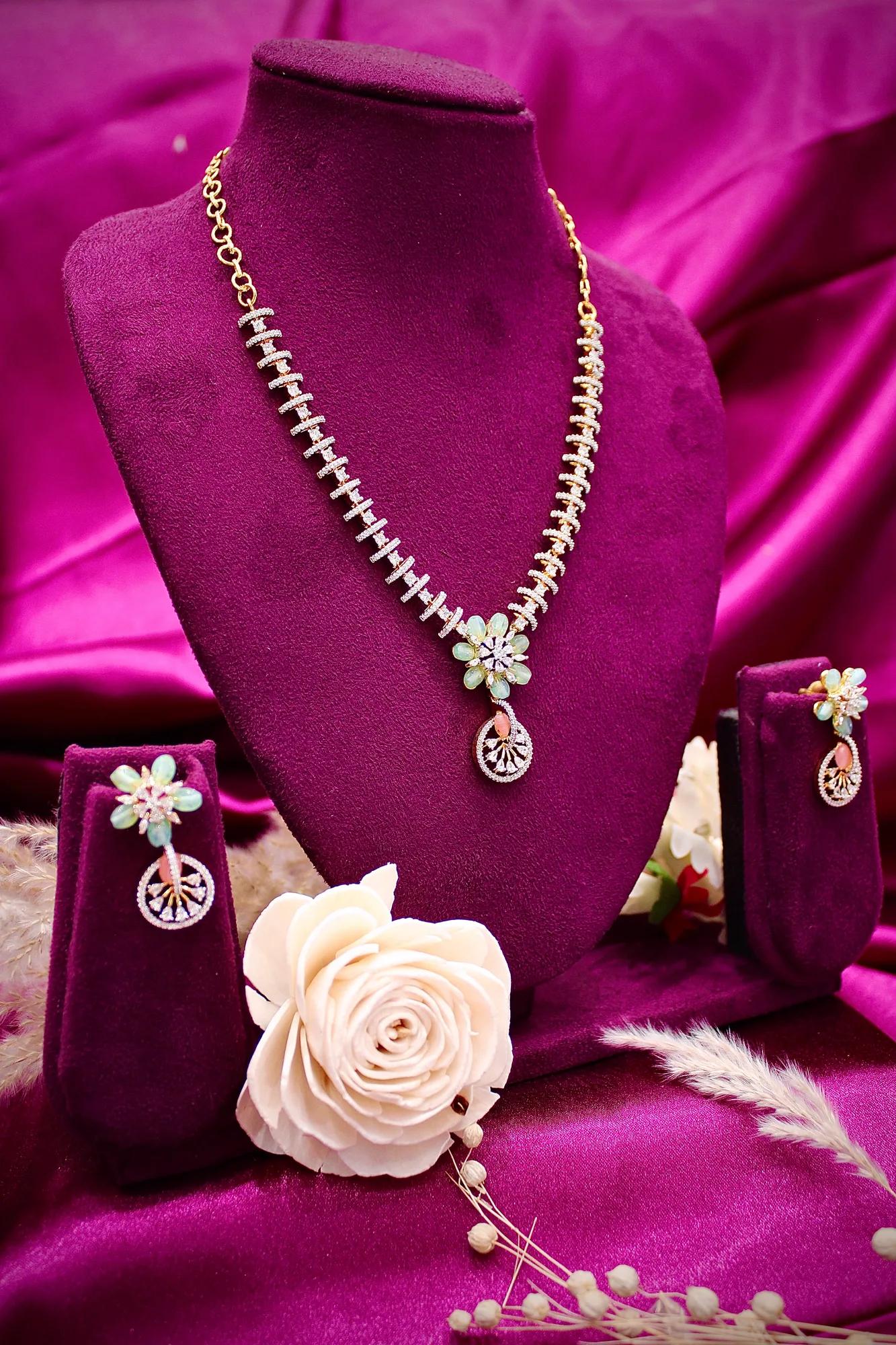 Floral Mint Stone Pendant Necklace Set with CZ Accents