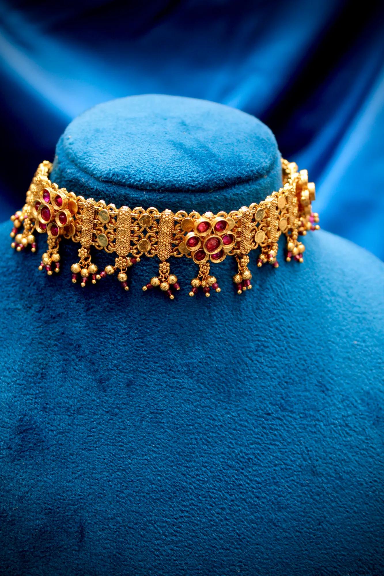 Antique Floral Choker Set with Ruby-Tone Stones