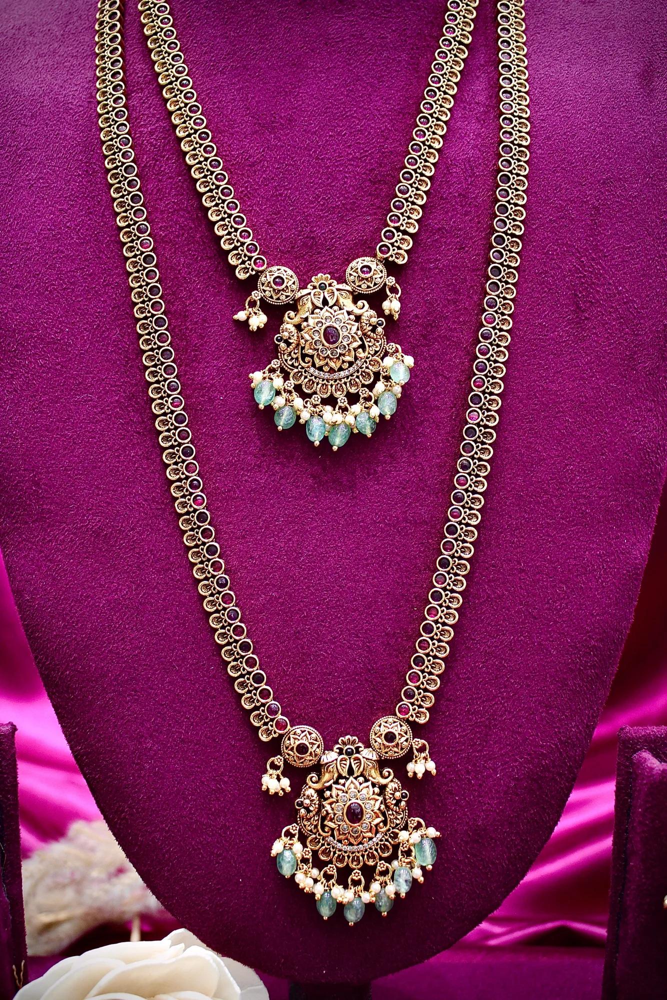 Dual Layer Antique Emerald Pendant Haram Set — Image 4