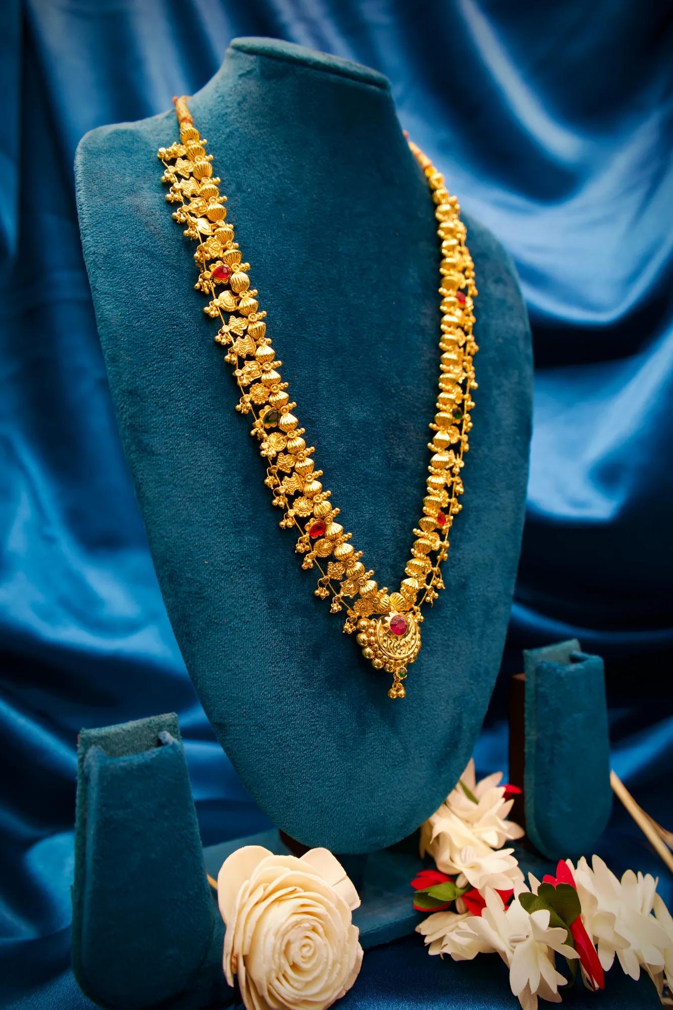 Antique Floral Temple Haram Necklace with Ruby & Emerald Stone Pendant