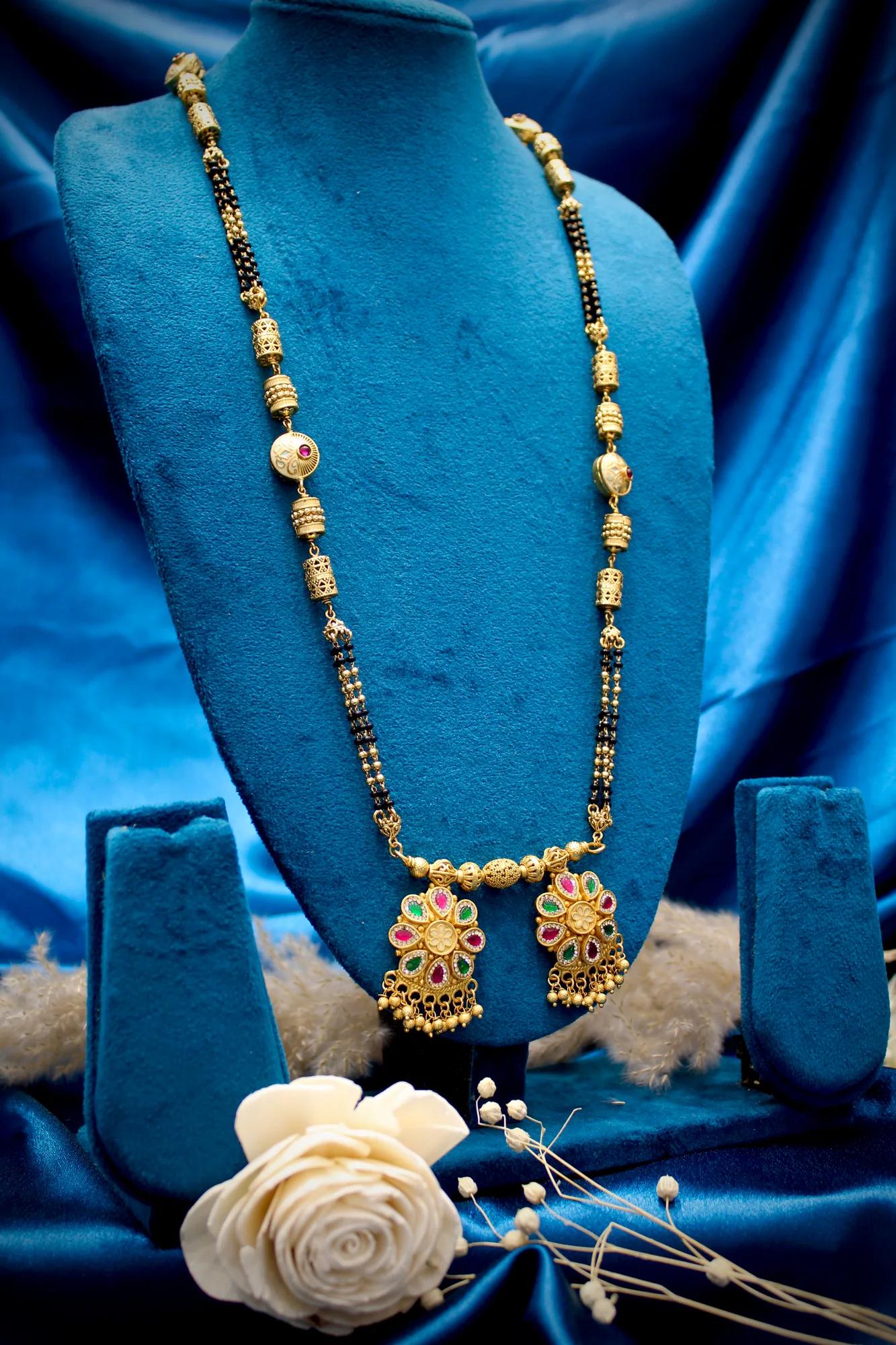 Floral Ruby & Emerald Traditional Mangalsutra Necklace Set — Image 2