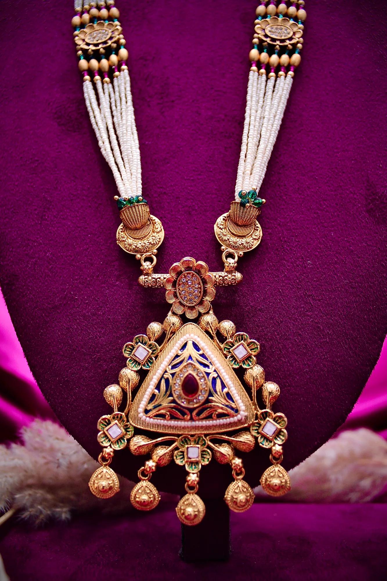 Traditional Triangle Pendant Pearl Mala Necklace Set — Image 4