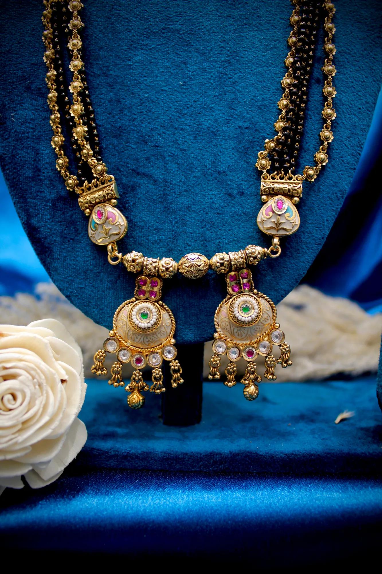 Elegant Floral Enamel Dual-Pendant Mangalsutra Necklace — Image 4