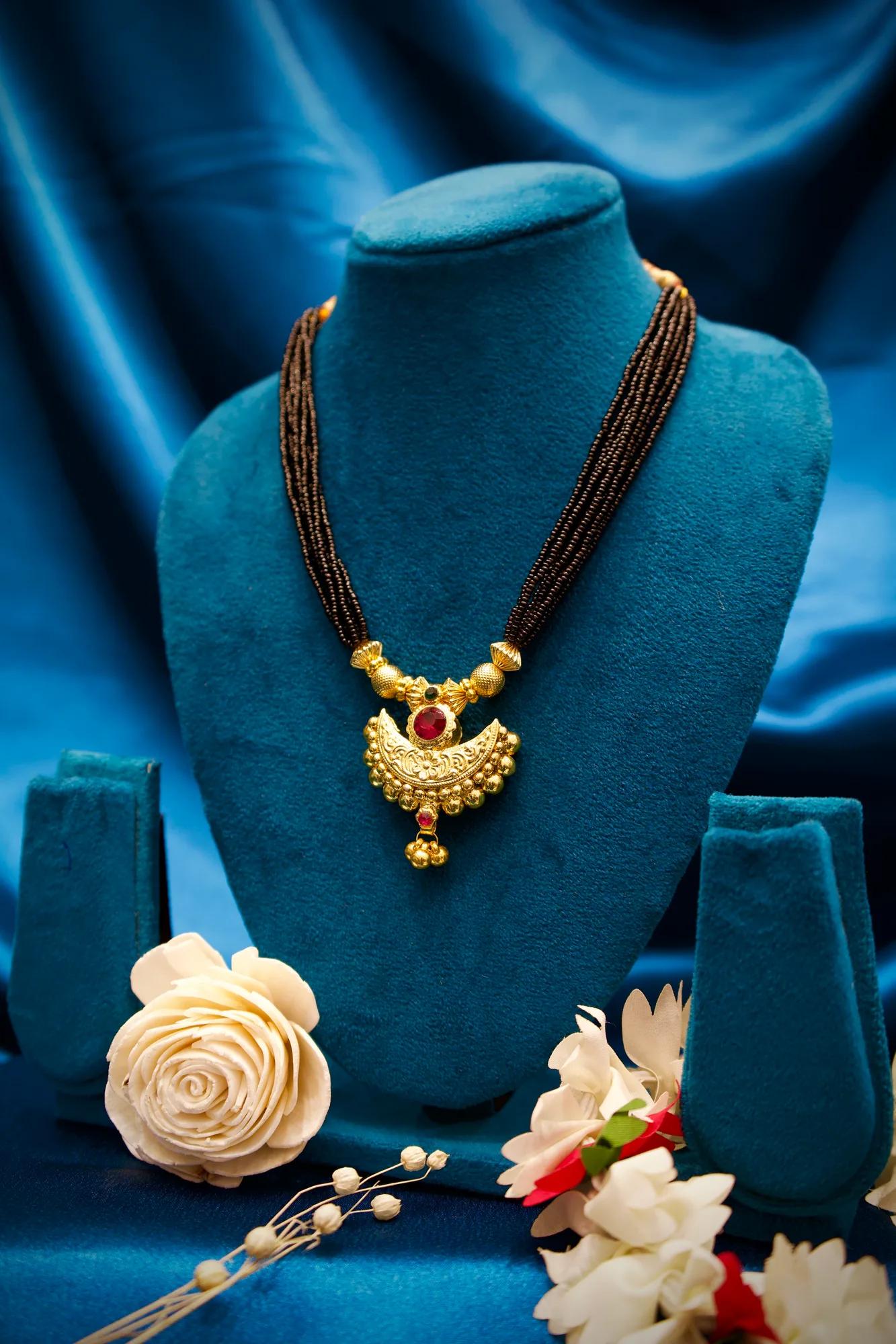 Traditional Black Bead Mangalsutra Necklace with Crescent Pendant