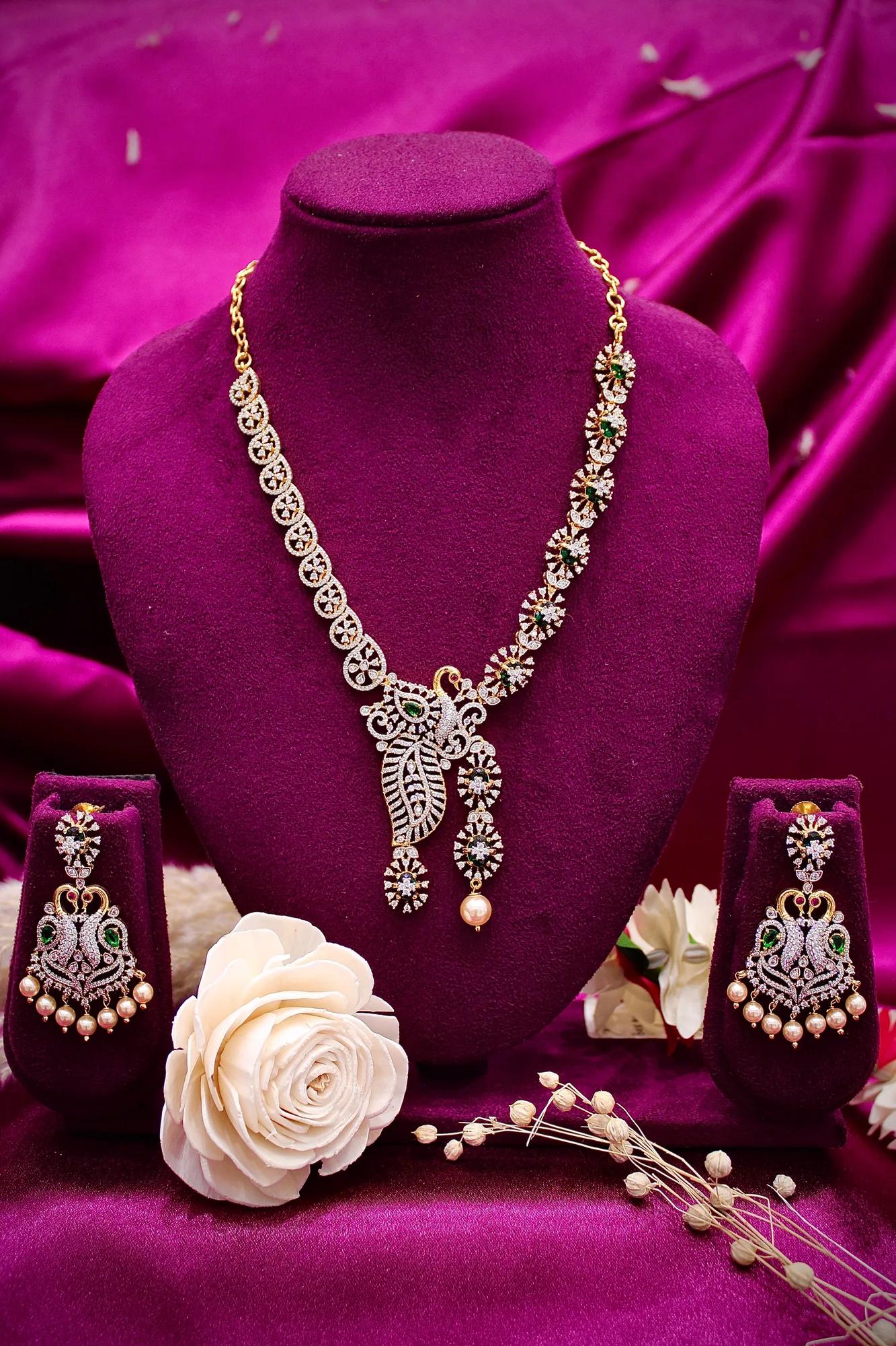 Emerald Peacock Designer Necklace Set with CZ Stones & Pearl Drops