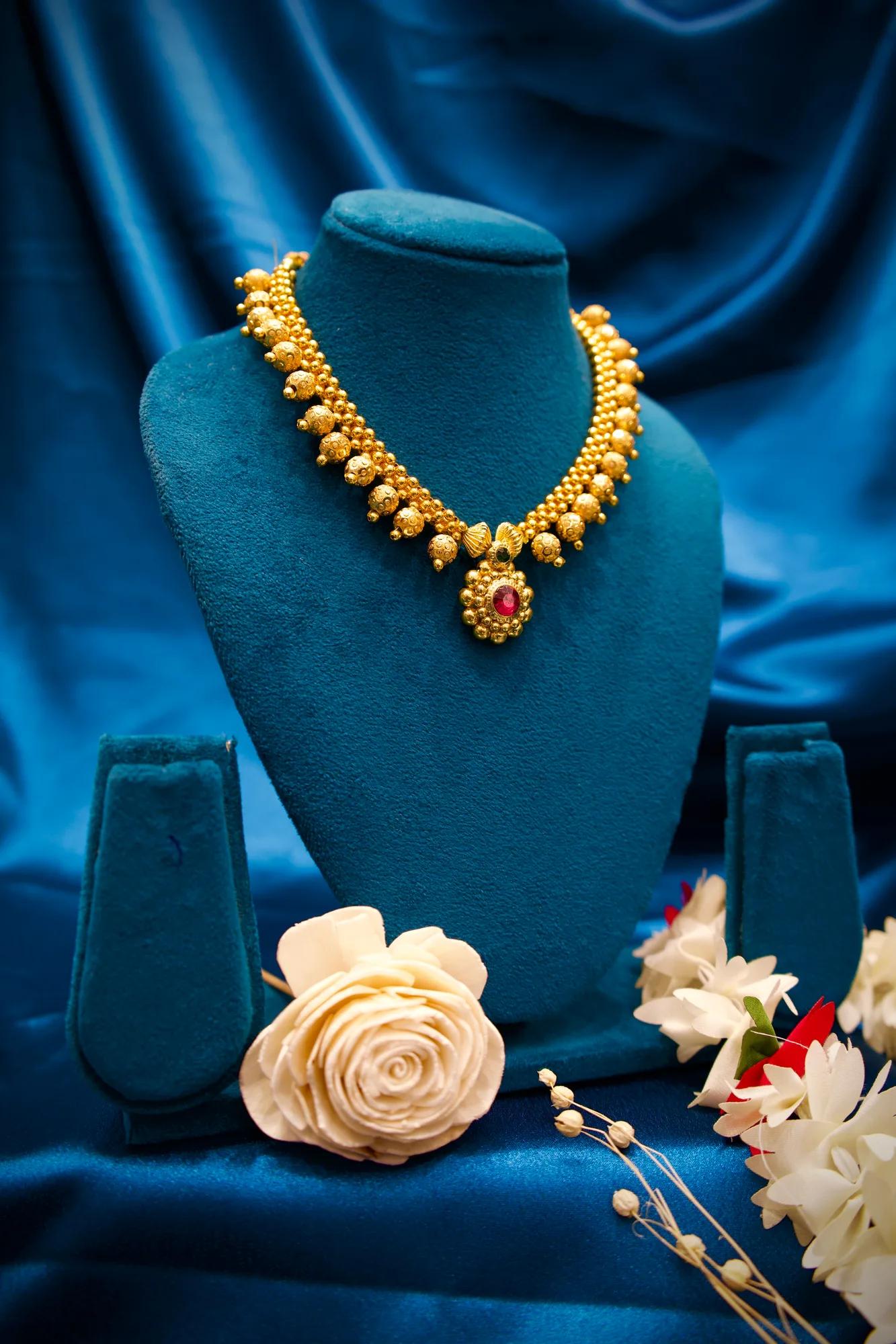 Traditional Gold-Tone Beaded Choker Necklace with Floral Ruby Pendant