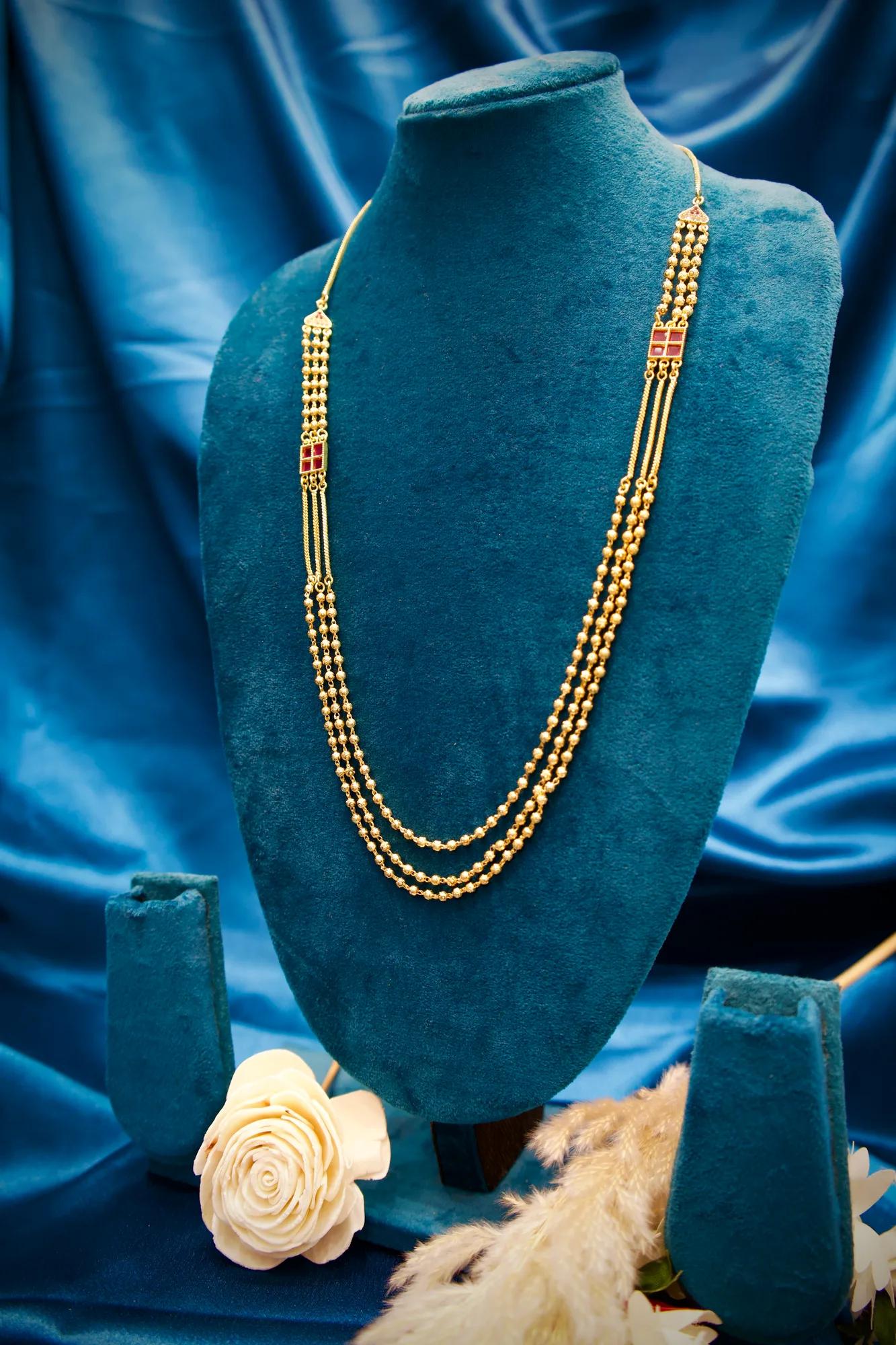 Elegant Triple-Layer Gold Bead Long Necklace Set