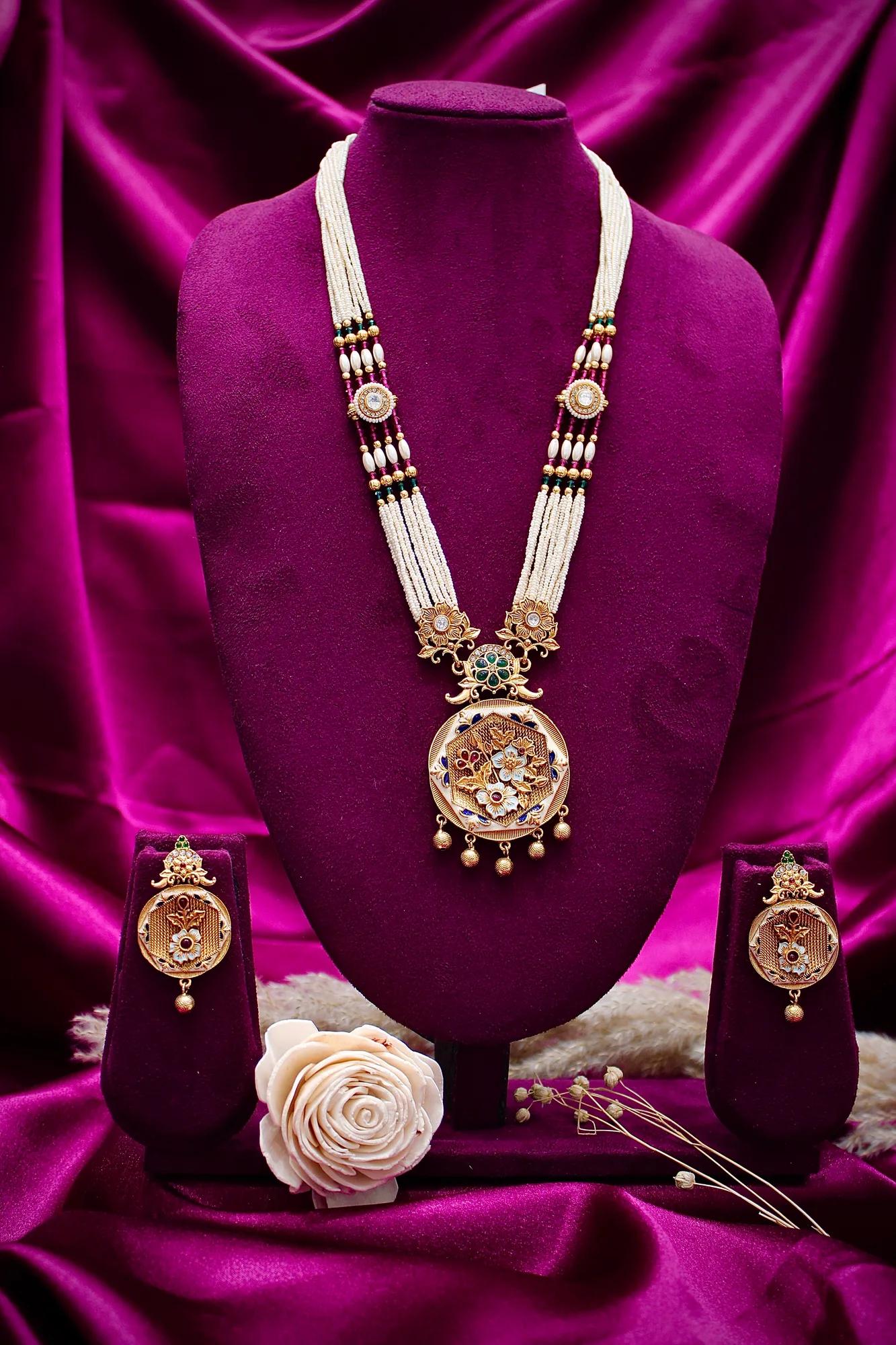 Royal Floral Pearl Mala Pendant Set with Matching Earrings