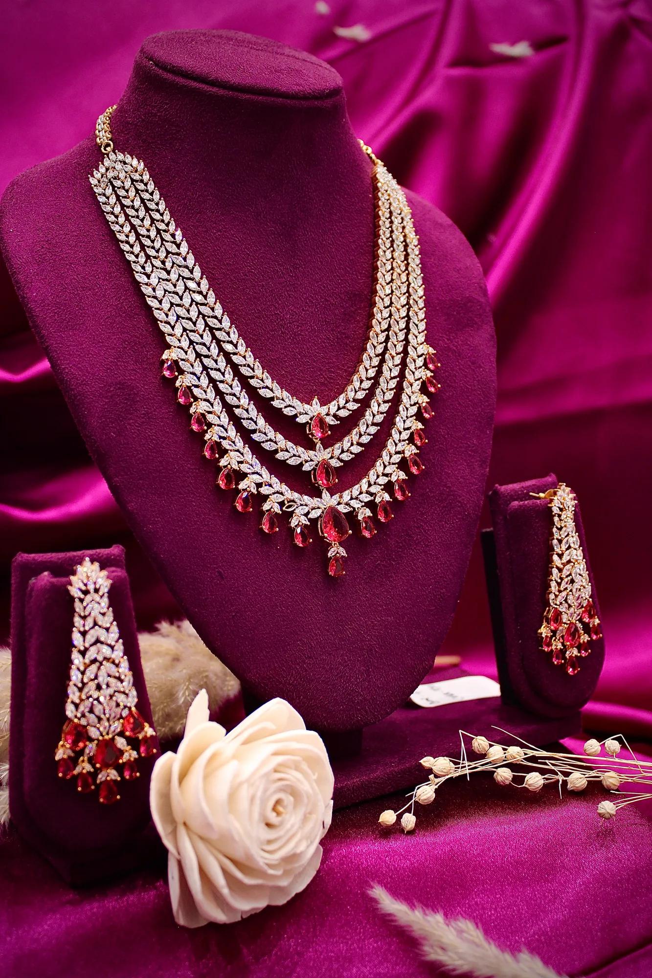 Ruby Drop Layered American Diamond Bridal Necklace Set