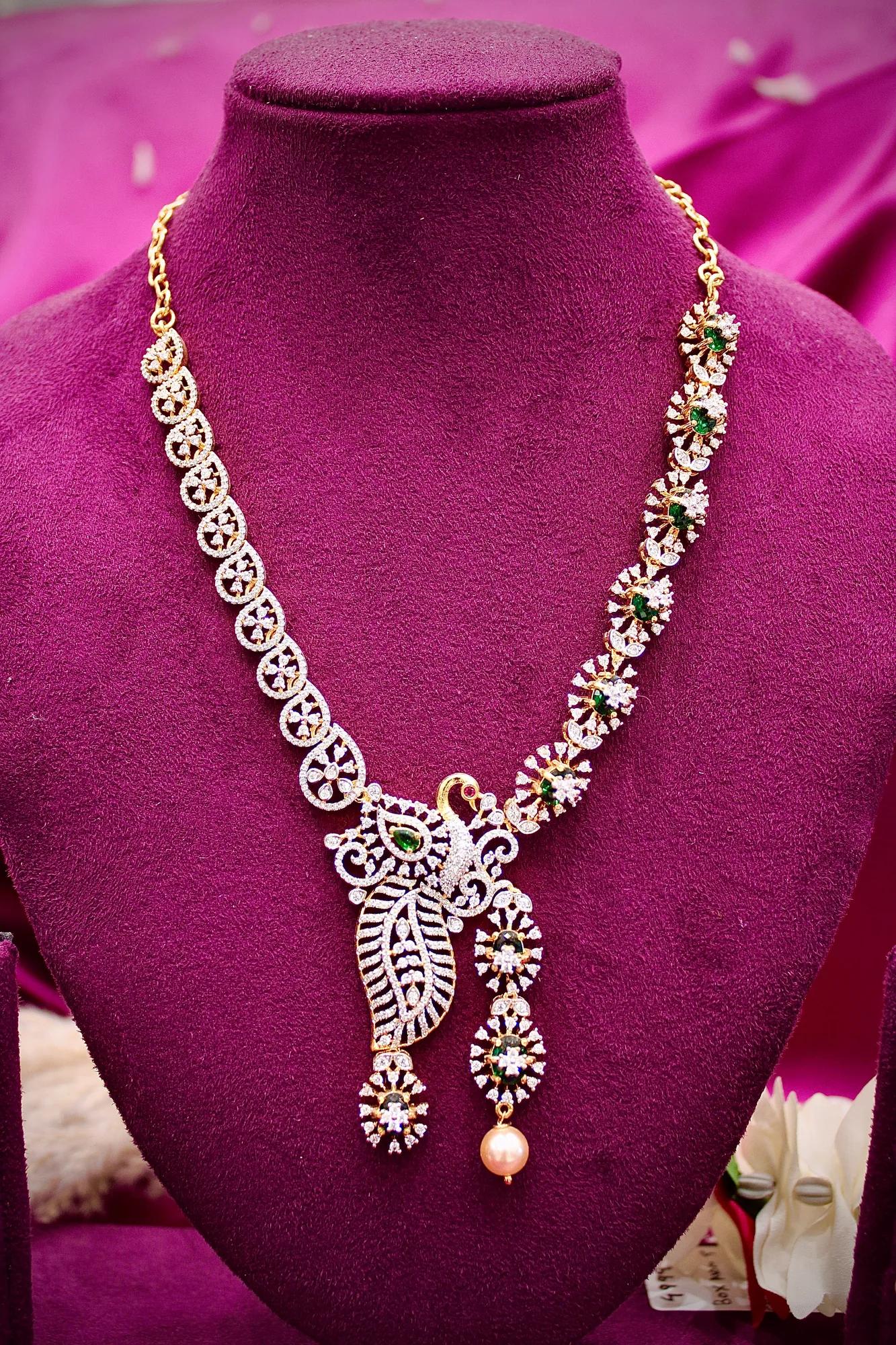 Emerald Peacock Designer Necklace Set with CZ Stones & Pearl Drops