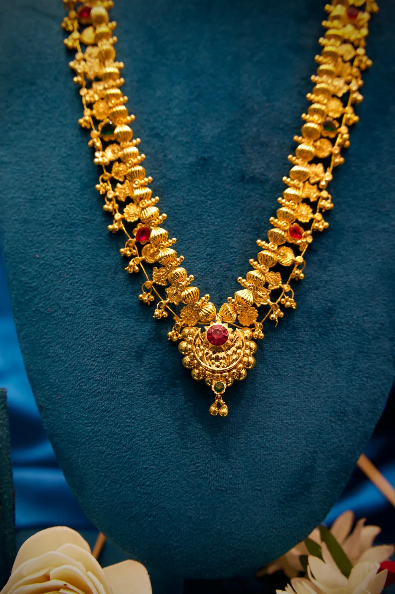 Antique Floral Temple Haram Necklace with Ruby & Emerald Stone Pendant