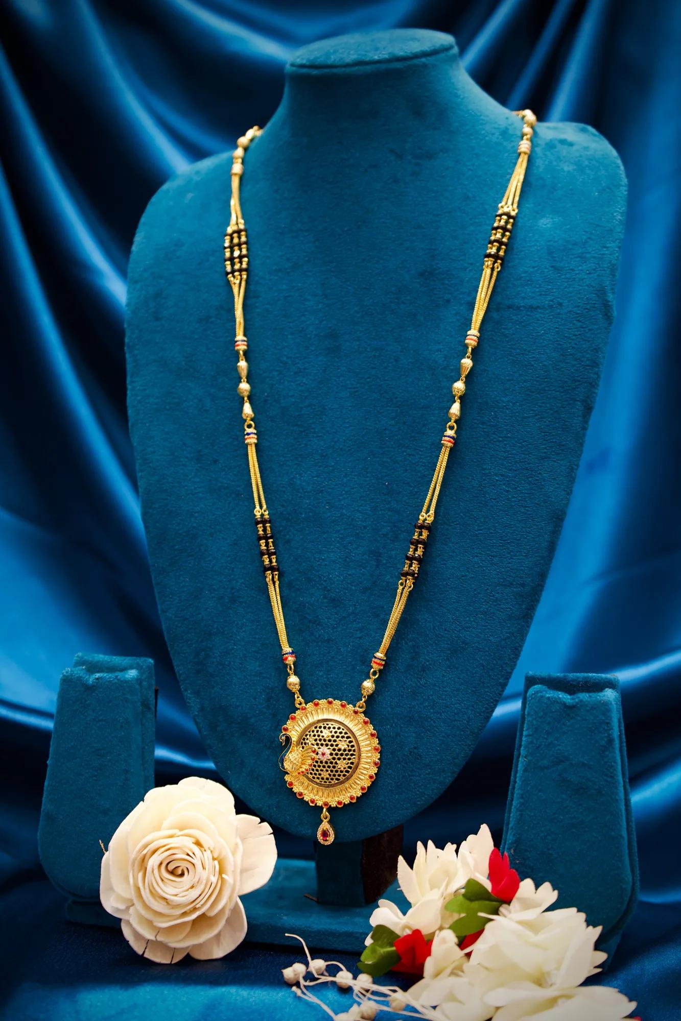 Peacock Motif Round Pendant Gold-Tone Mangalsutra Necklace