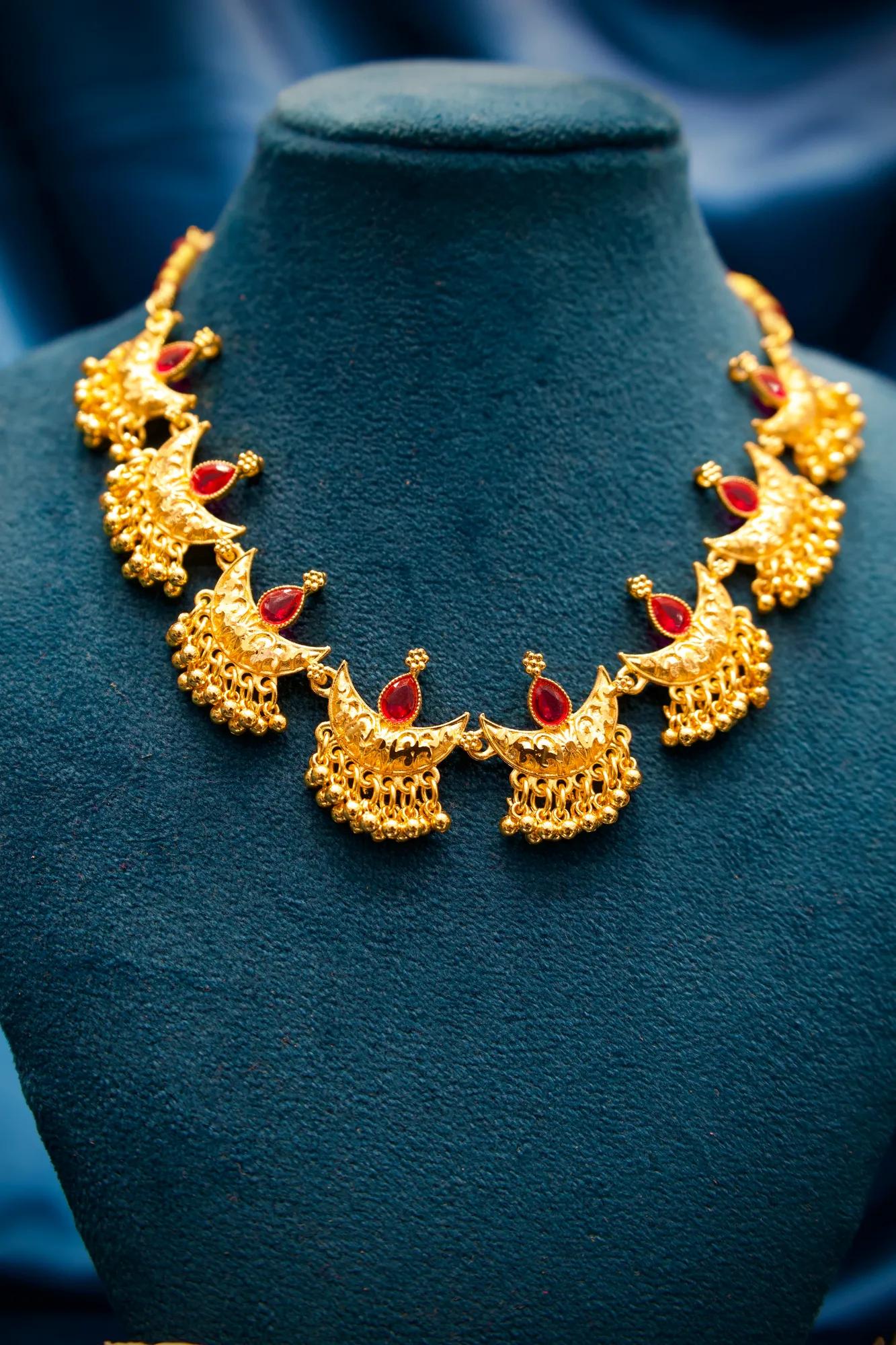 Royal Crescent Motif Choker Necklace Set with Ruby Stone Accents