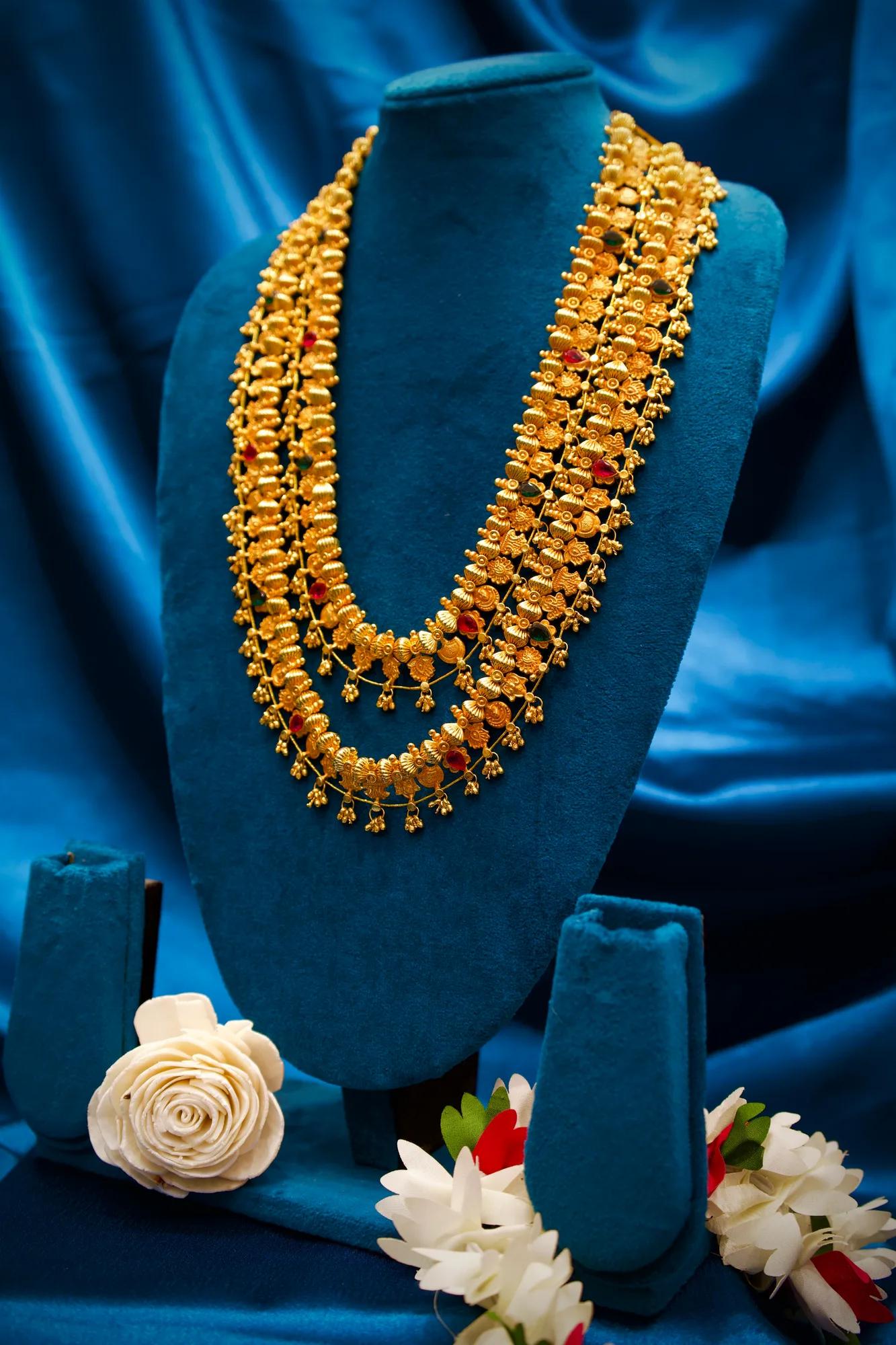 Royal Floral Temple Long Haram Necklace with Dual-Layer Design