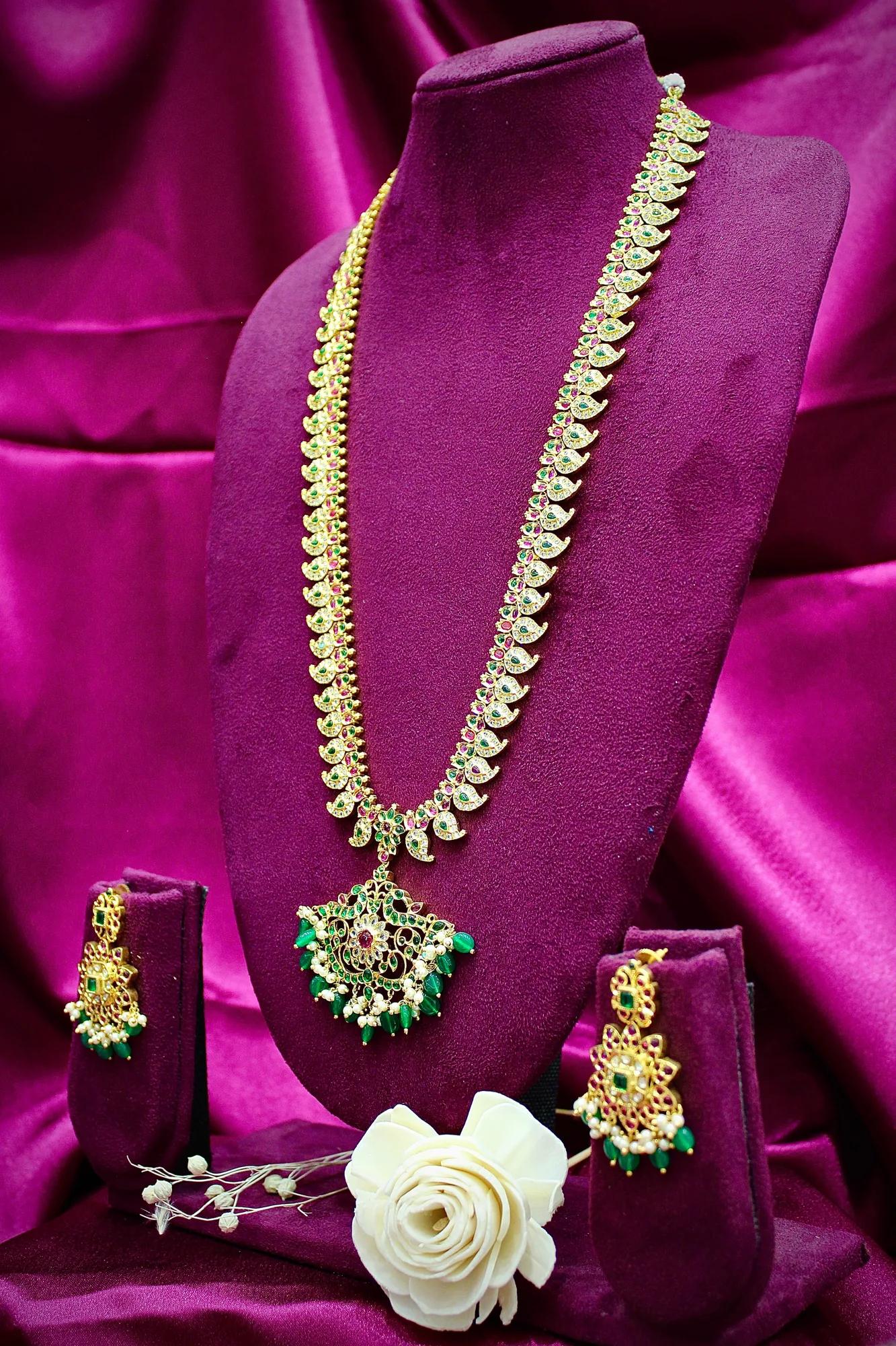 Grand Temple-Inspired Long Haram Necklace Set with Green Beads