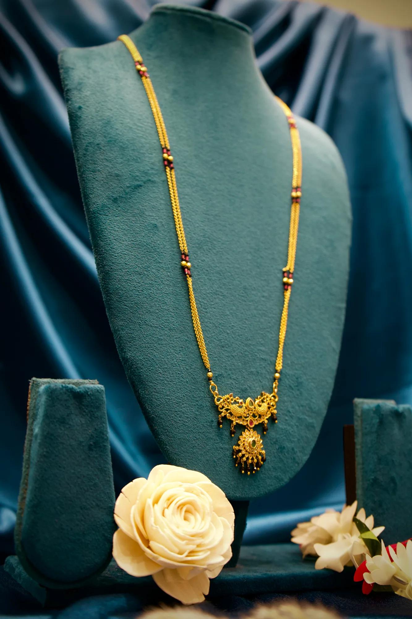 Royal Peacock Motif Mangalsutra with Green Stone Pendant — Image 2