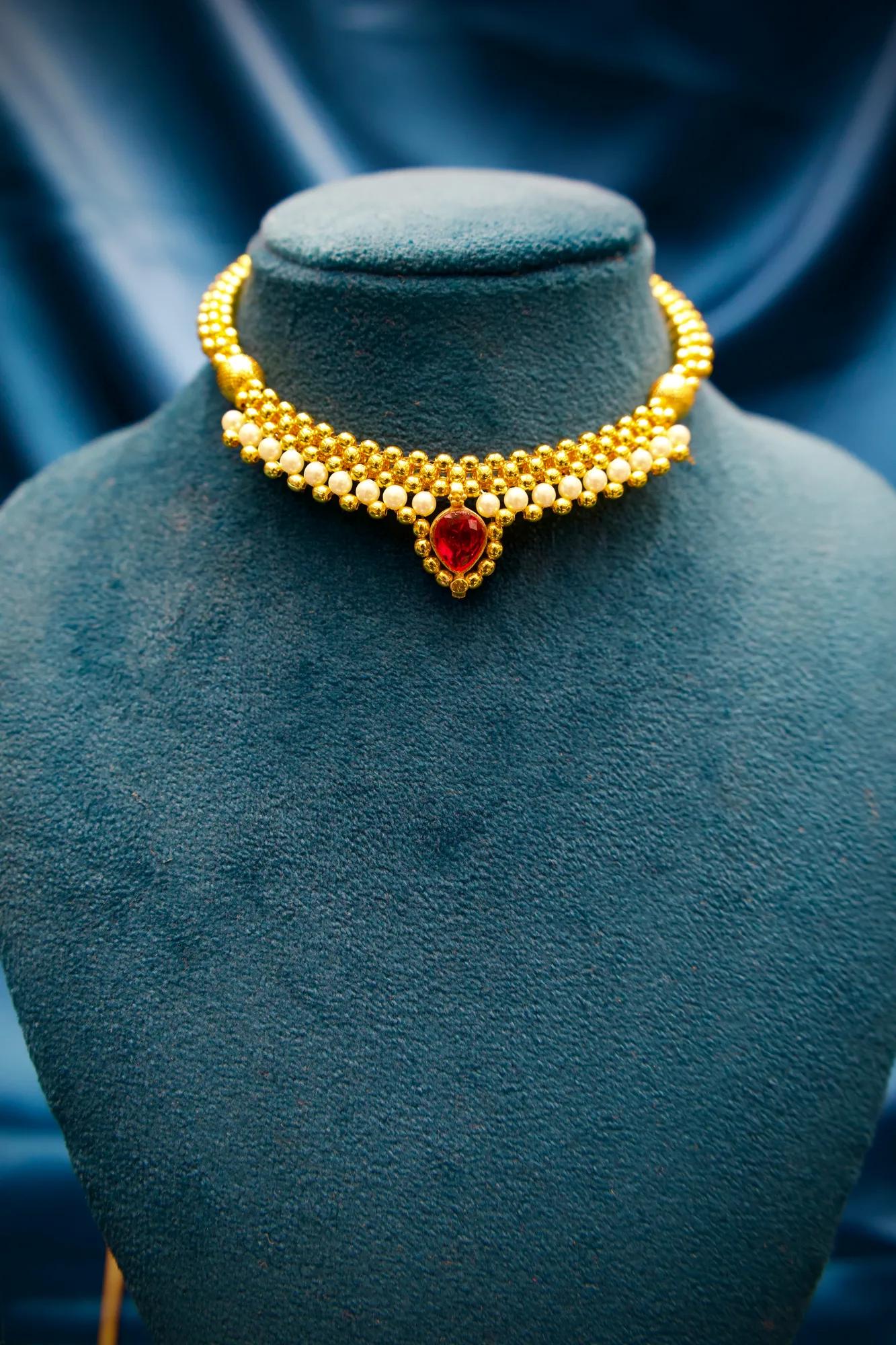 Ruby Teardrop Pearl Beaded Adjustable Choker Necklace