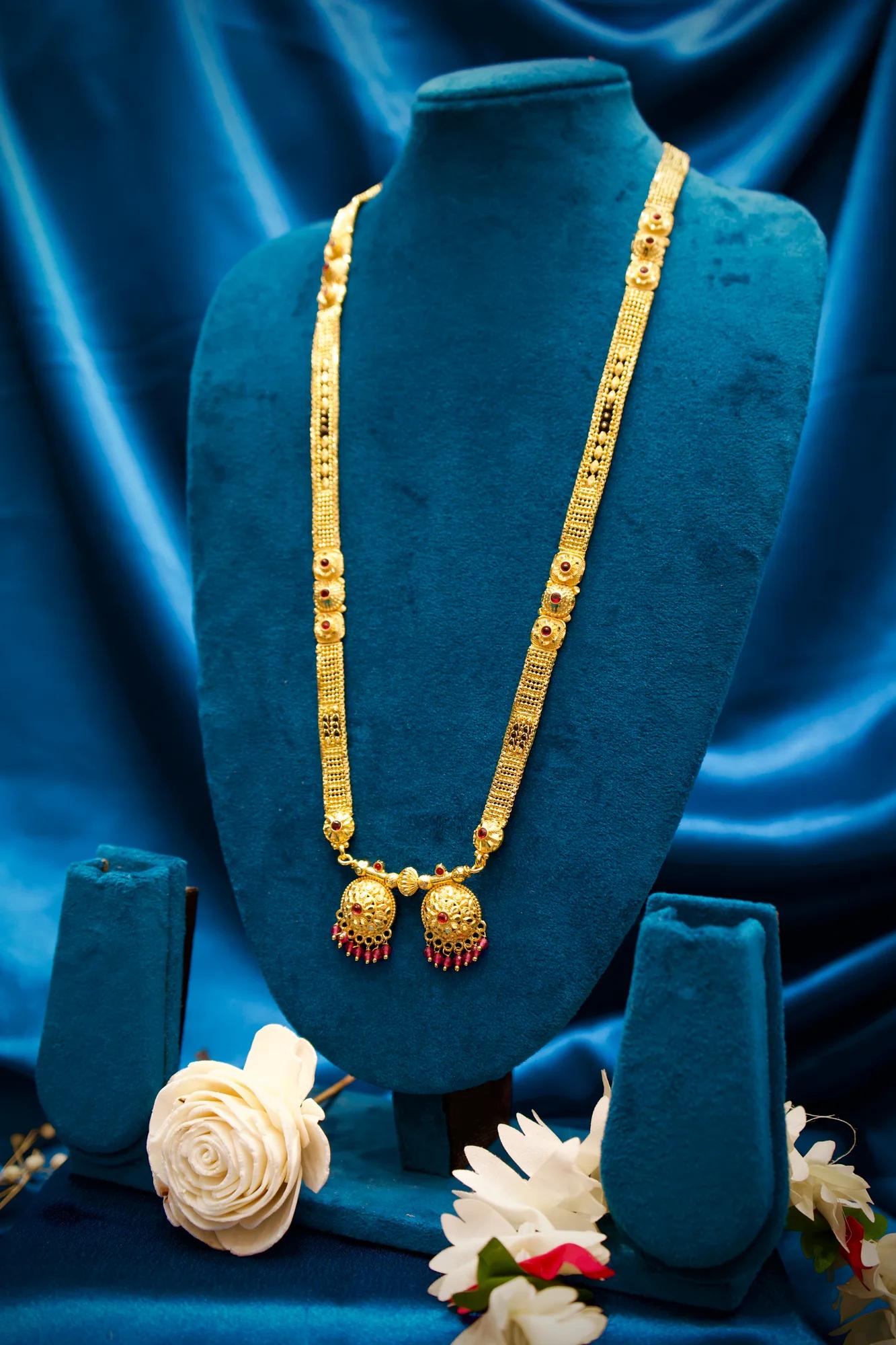 Antique Gold Finish Long Mangalsutra with Twin Jhumka Pendant Design