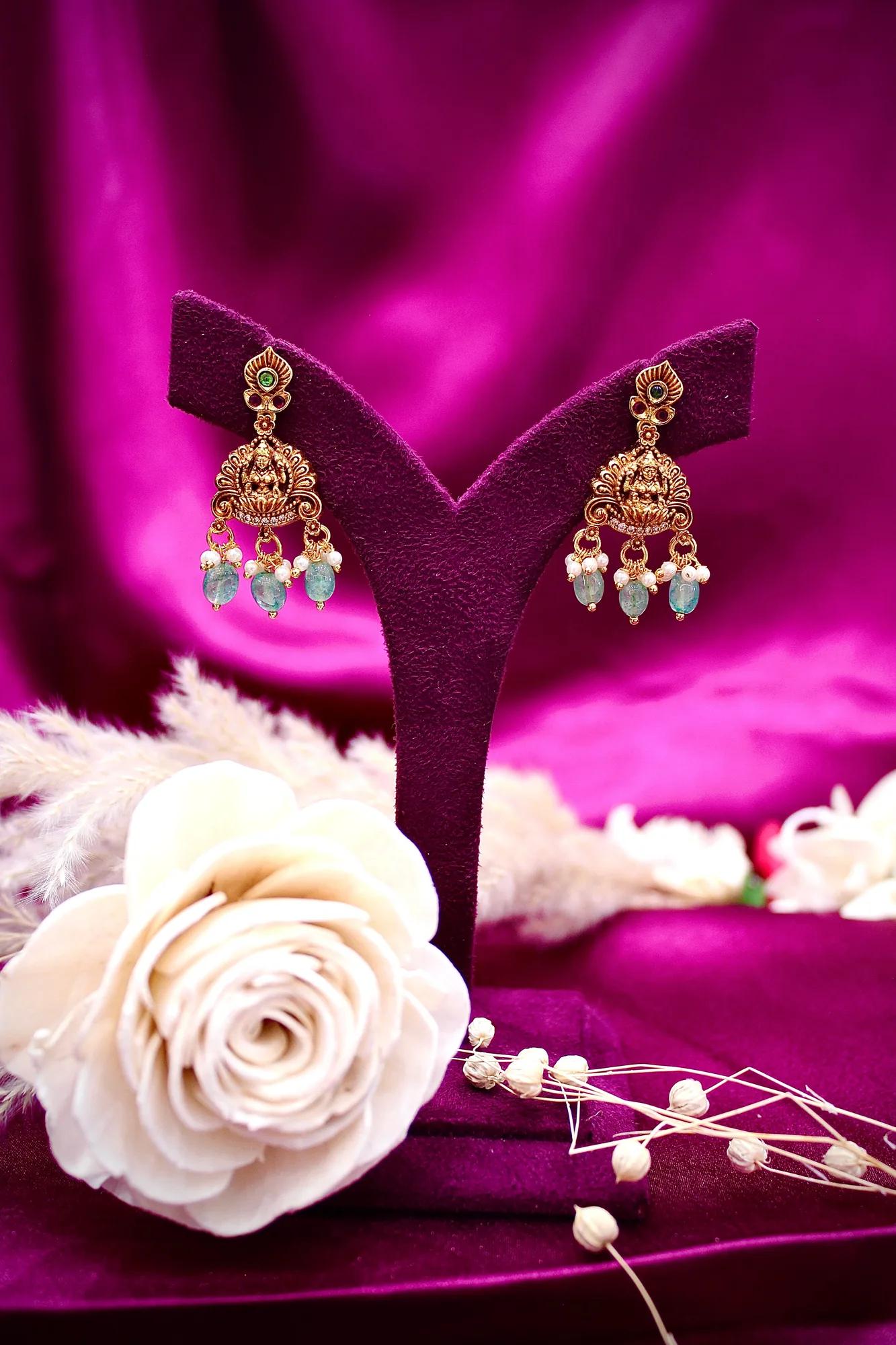 Traditional Lakshmi Temple Pendant Necklace Set with Emerald Bead Drops