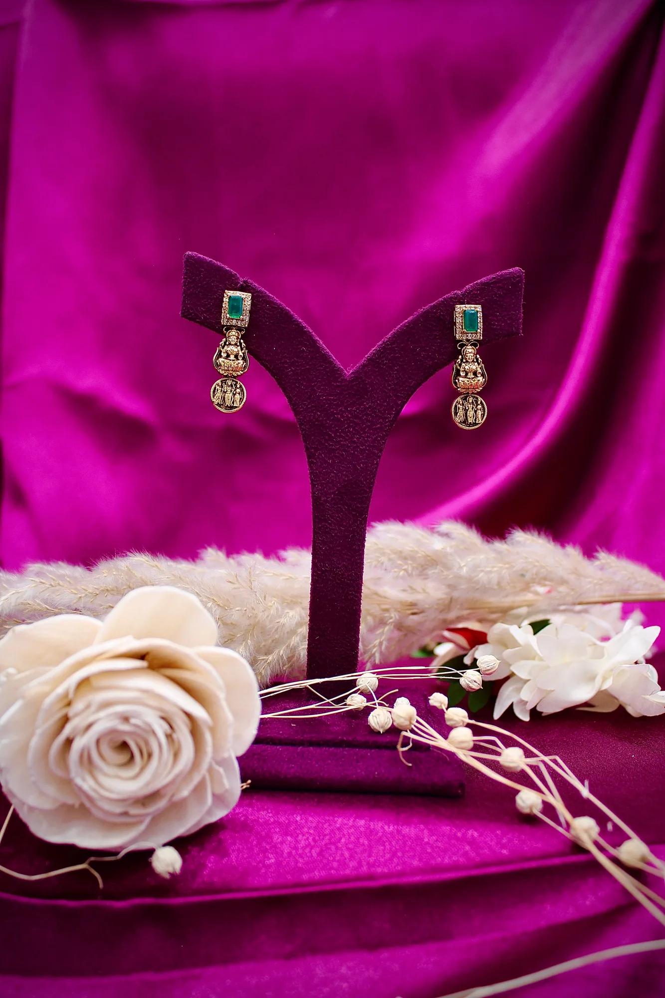 Temple Coin & Emerald Stone Long Necklace Set