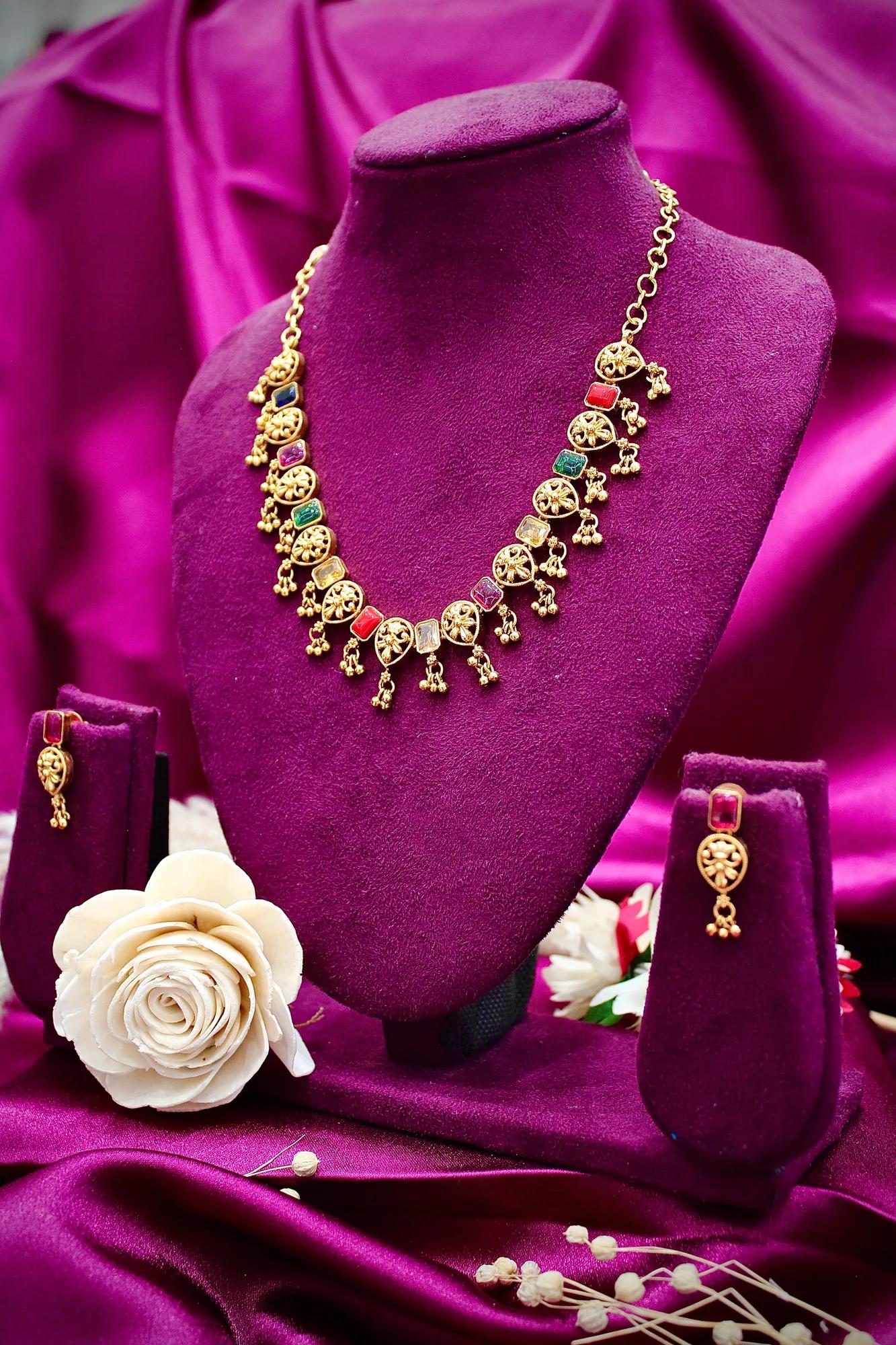 Traditional Navratna Antique Necklace Set with Filigree Charms