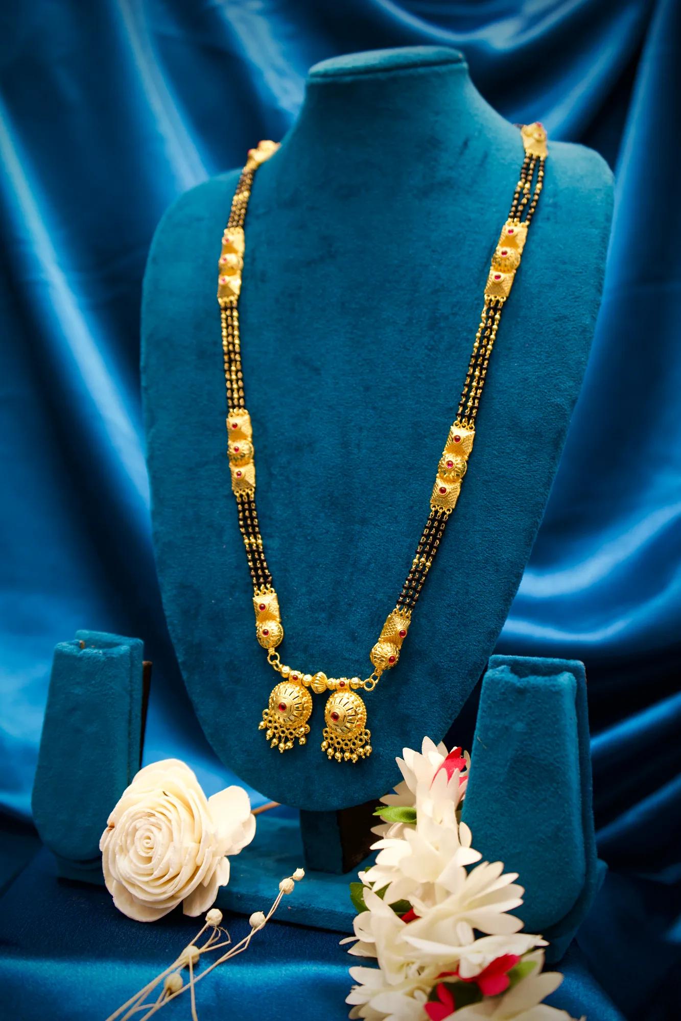 Traditional Black Bead Long Mangalsutra with Dual Dome Charms