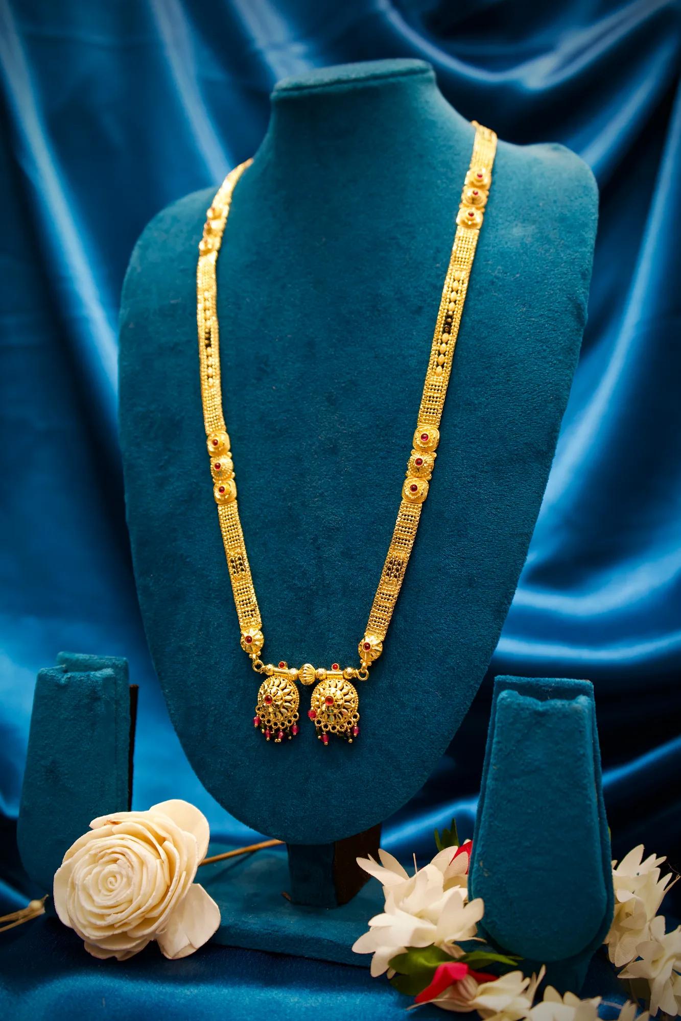 Traditional Antique Gold Tone Long Haram Mangalsutra with Ruby Stone Accents