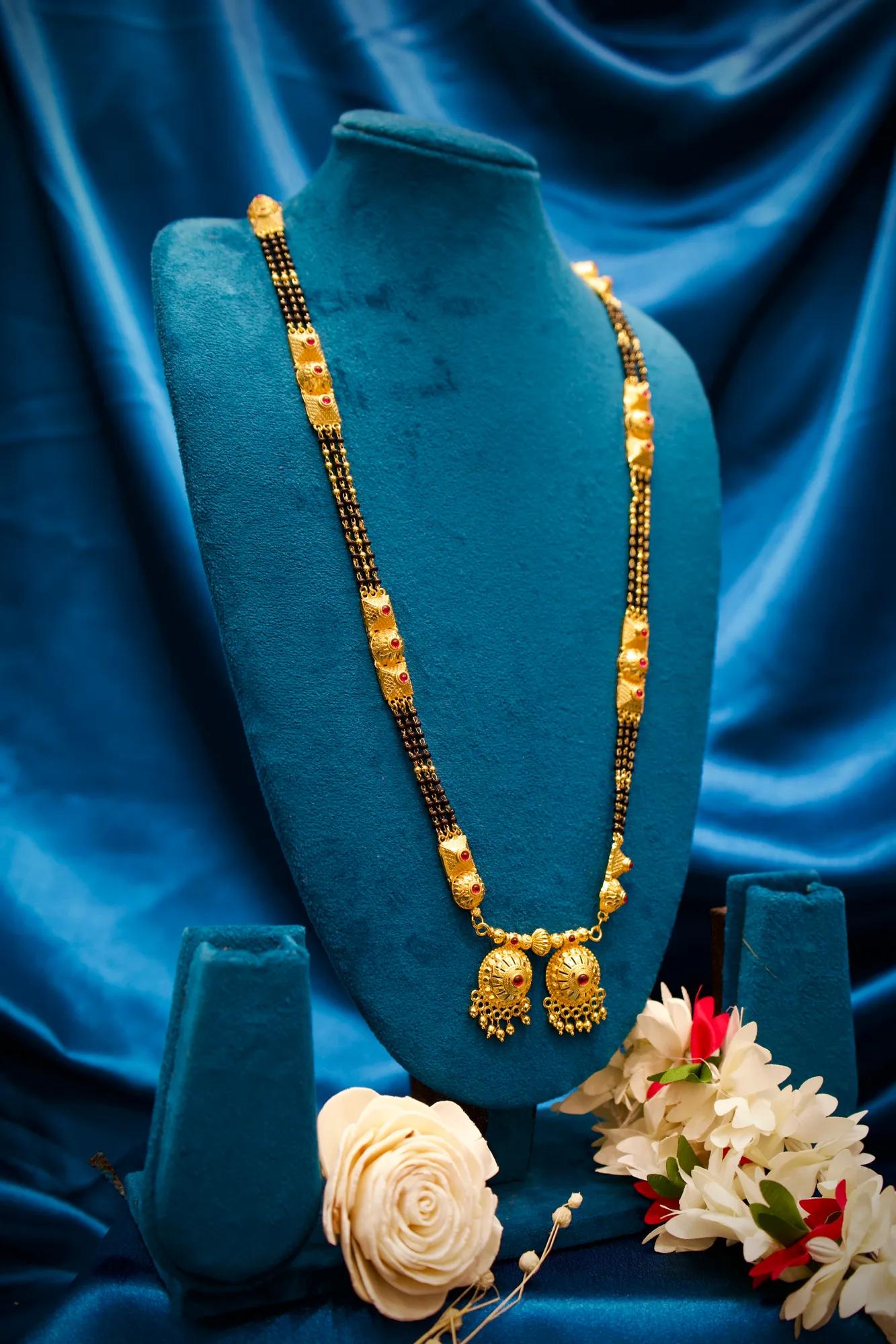 Traditional Black Bead Long Mangalsutra with Dual Dome Charms