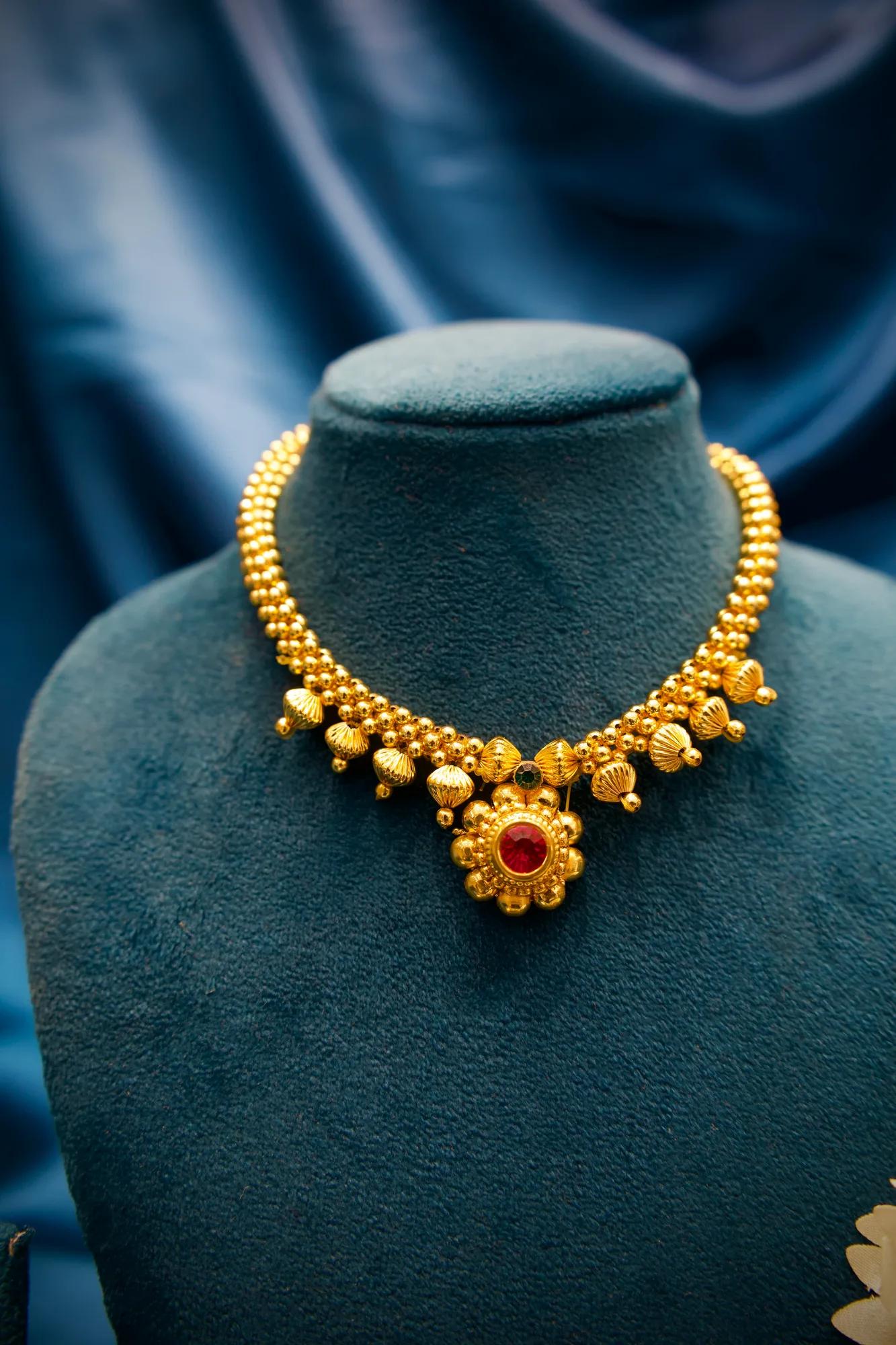 Traditional Floral Gold Choker Necklace with Ruby Stone Pendant