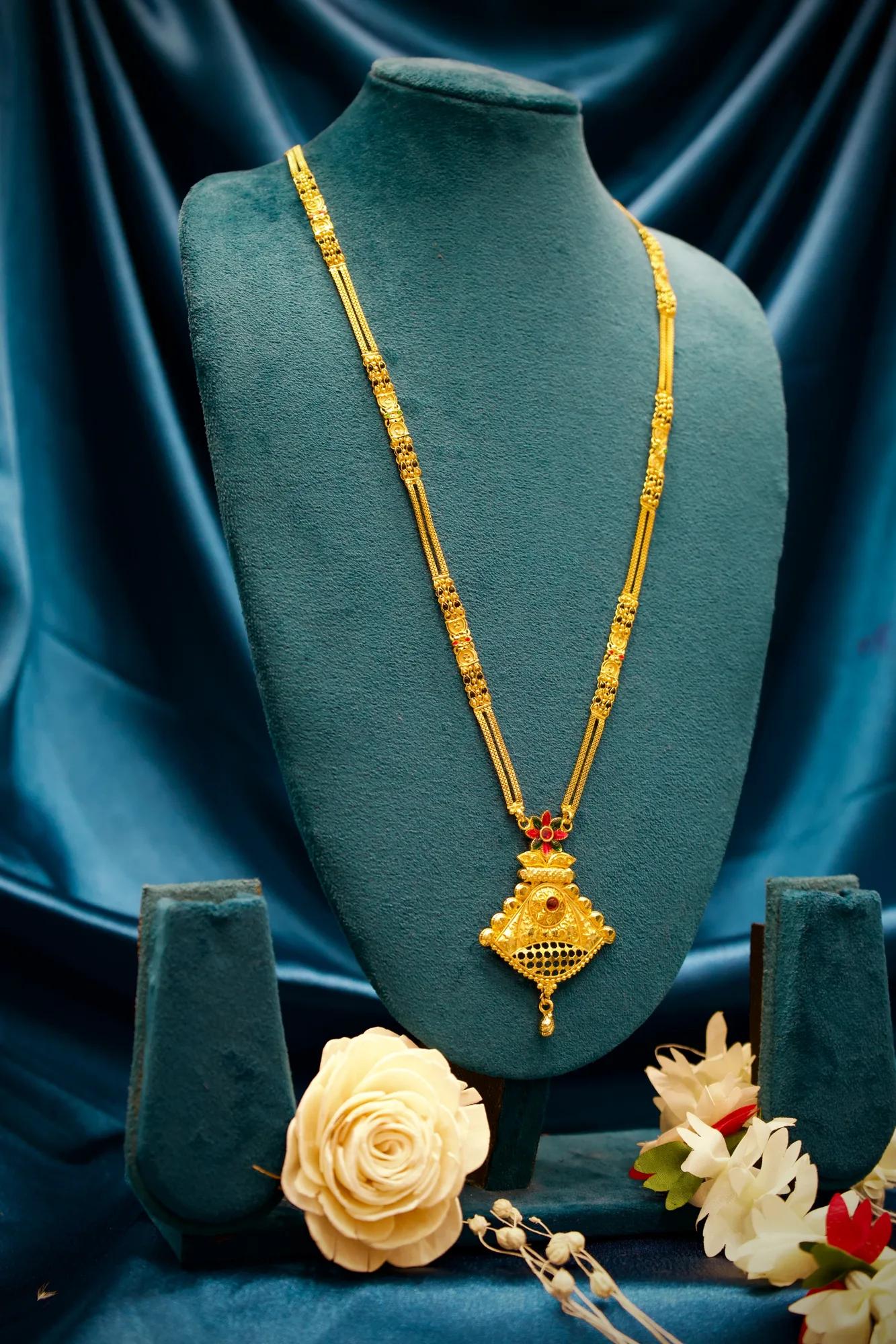 Royal Triangle Floral Pendant Gold-Tone Mangalsutra Necklace