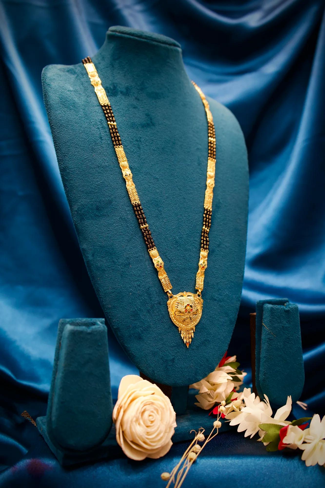 Traditional Black Bead Long Mangalsutra with Antique Shield Pendant