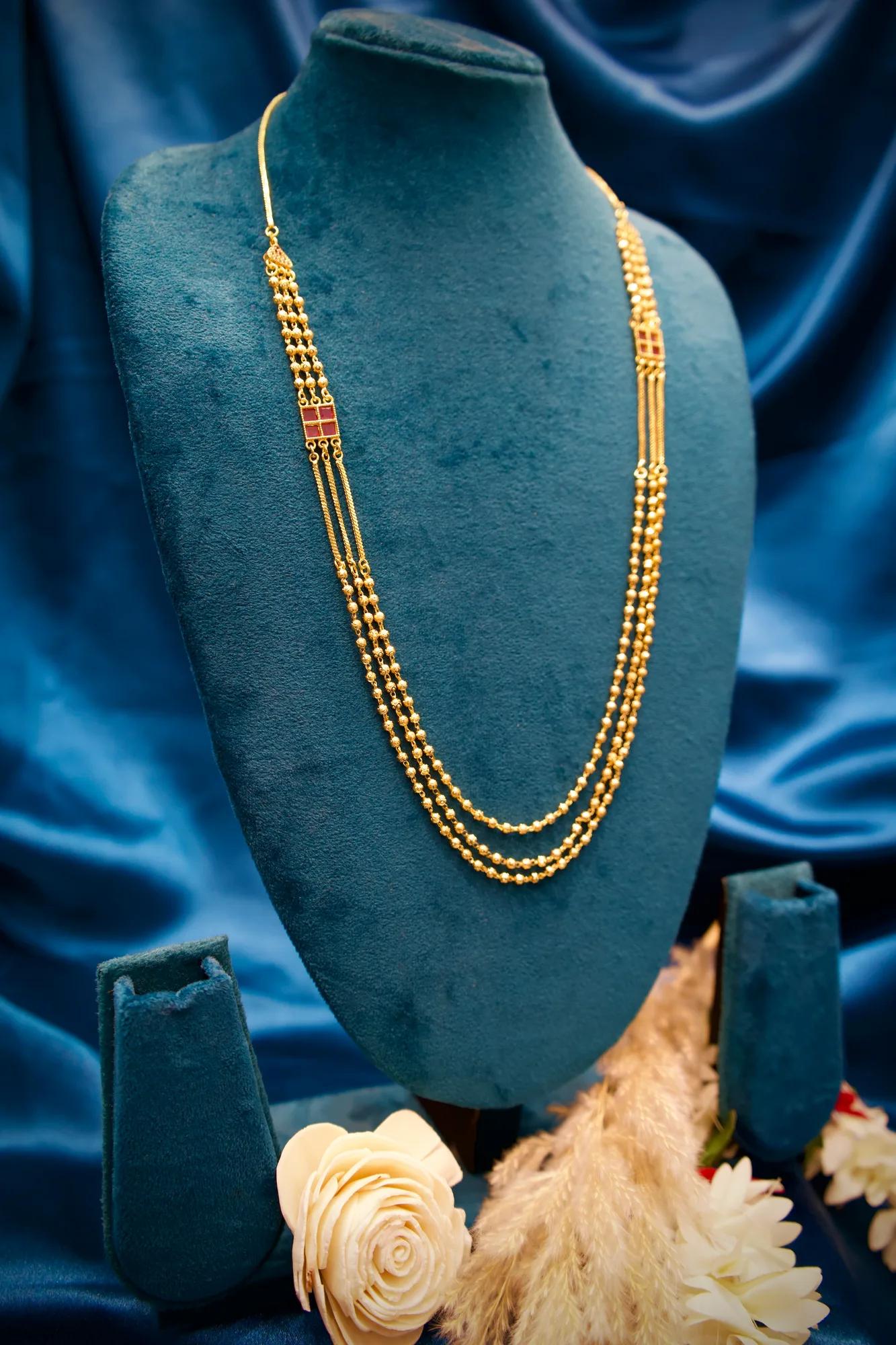Elegant Triple-Layer Gold Bead Long Necklace Set