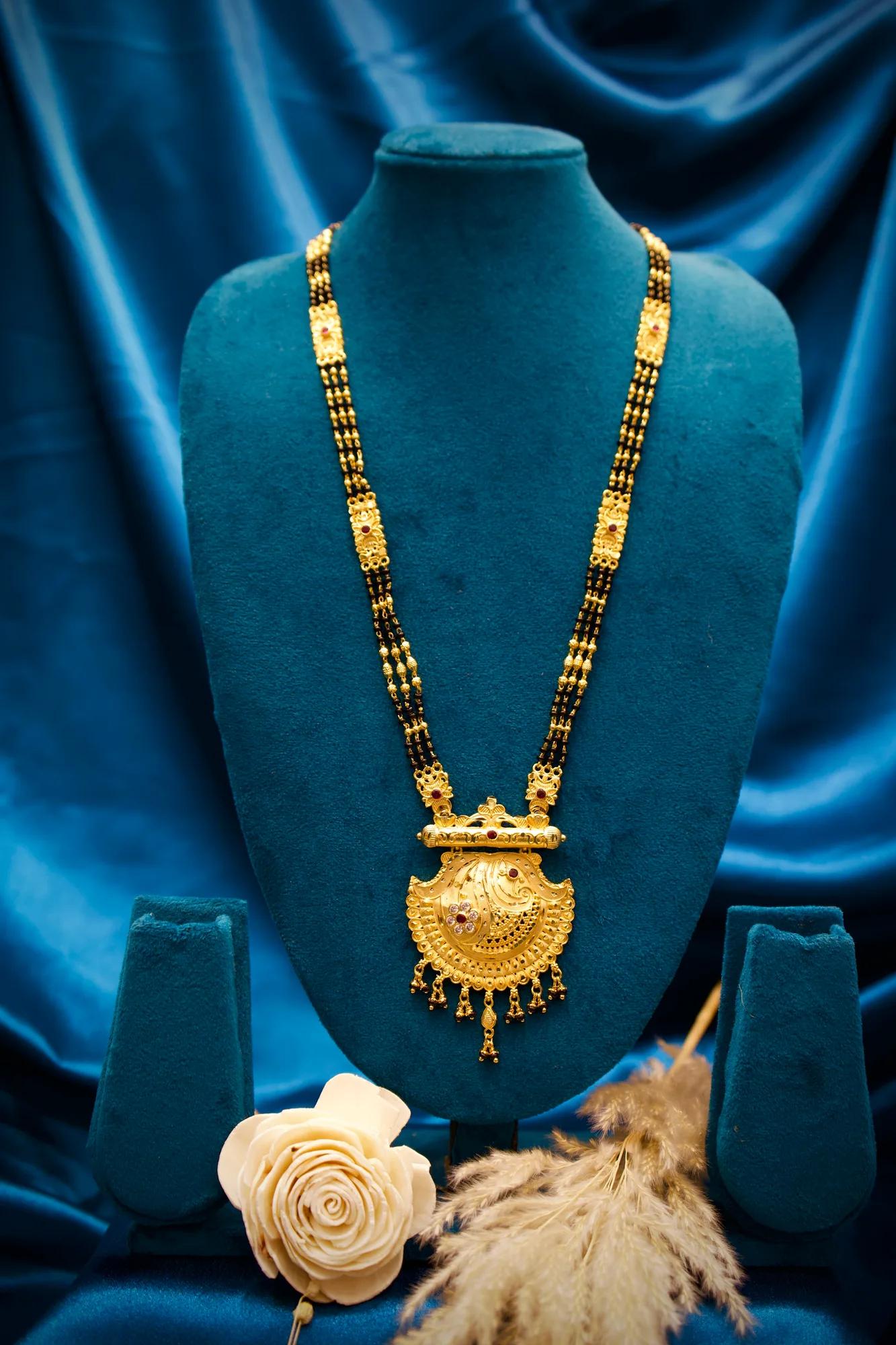Traditional Black Bead Long Mangalsutra Haram with Antique Pendant