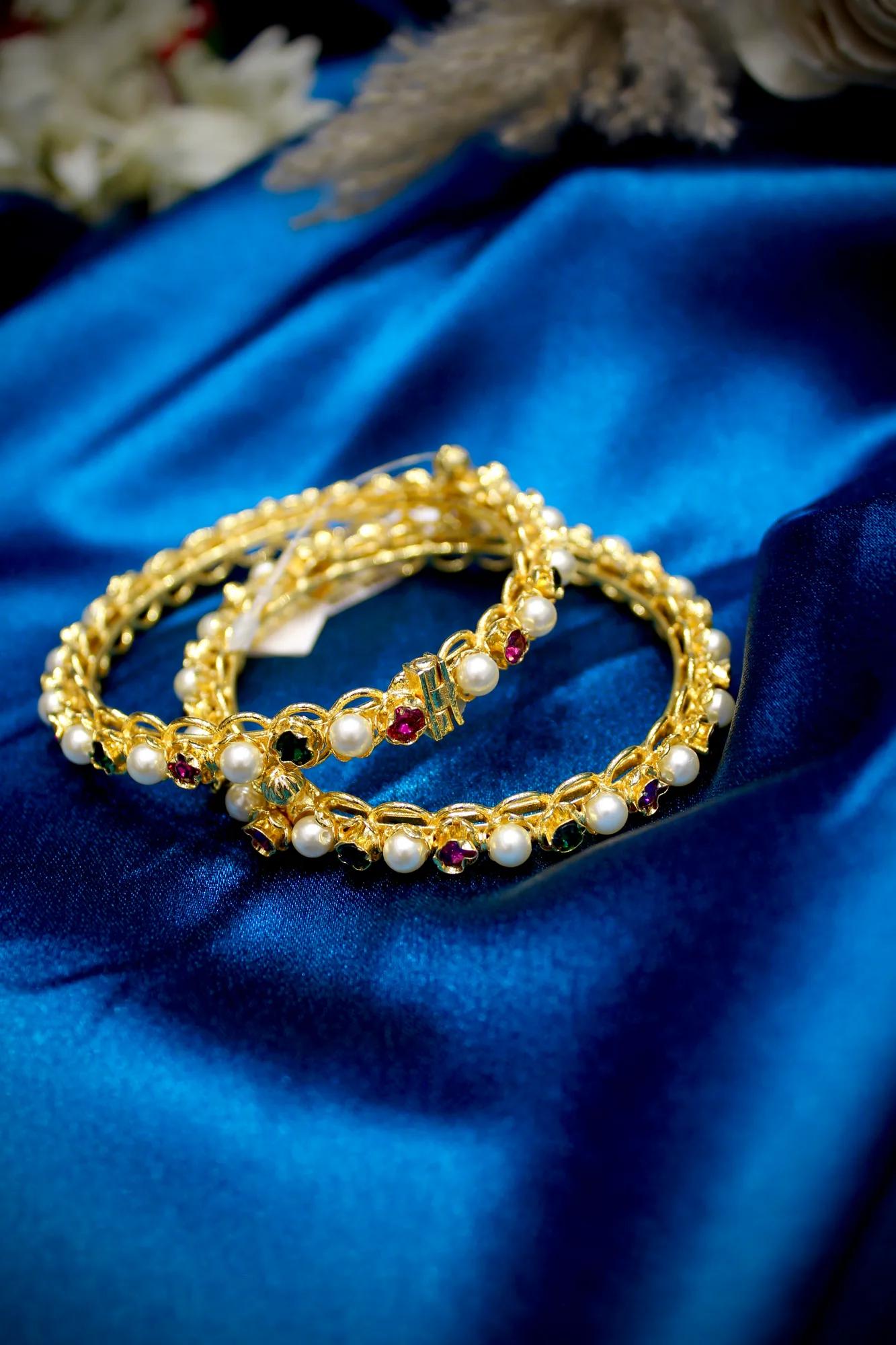 Elegant Pearl & Multicolor Stone Gold Finish Bangles (Set of 2)