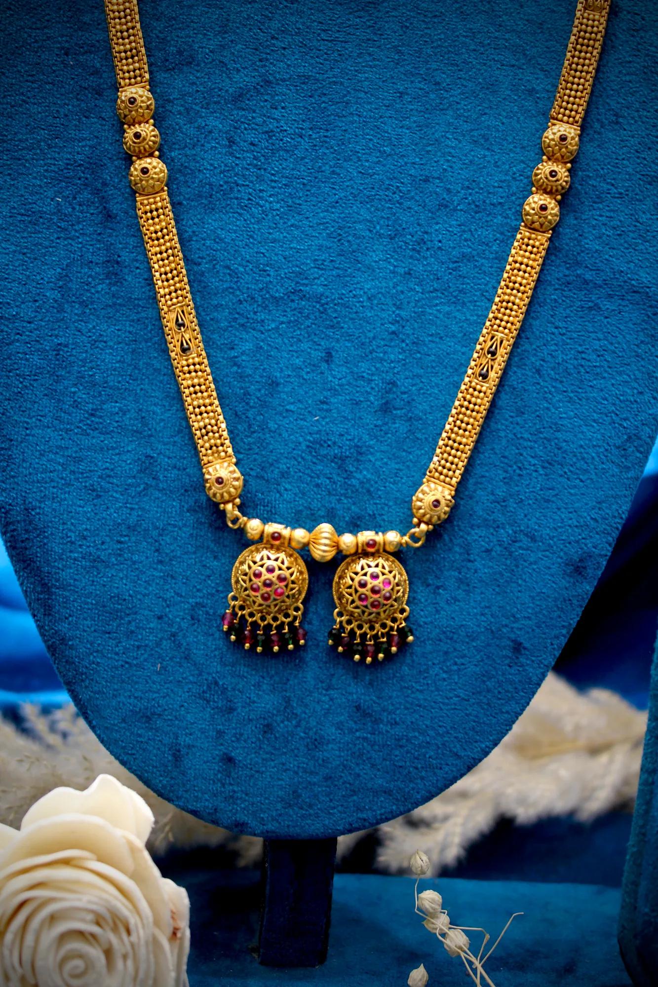 Royal Antique Gold Long Mangalsutra with Twin Floral Jhumka Pendants