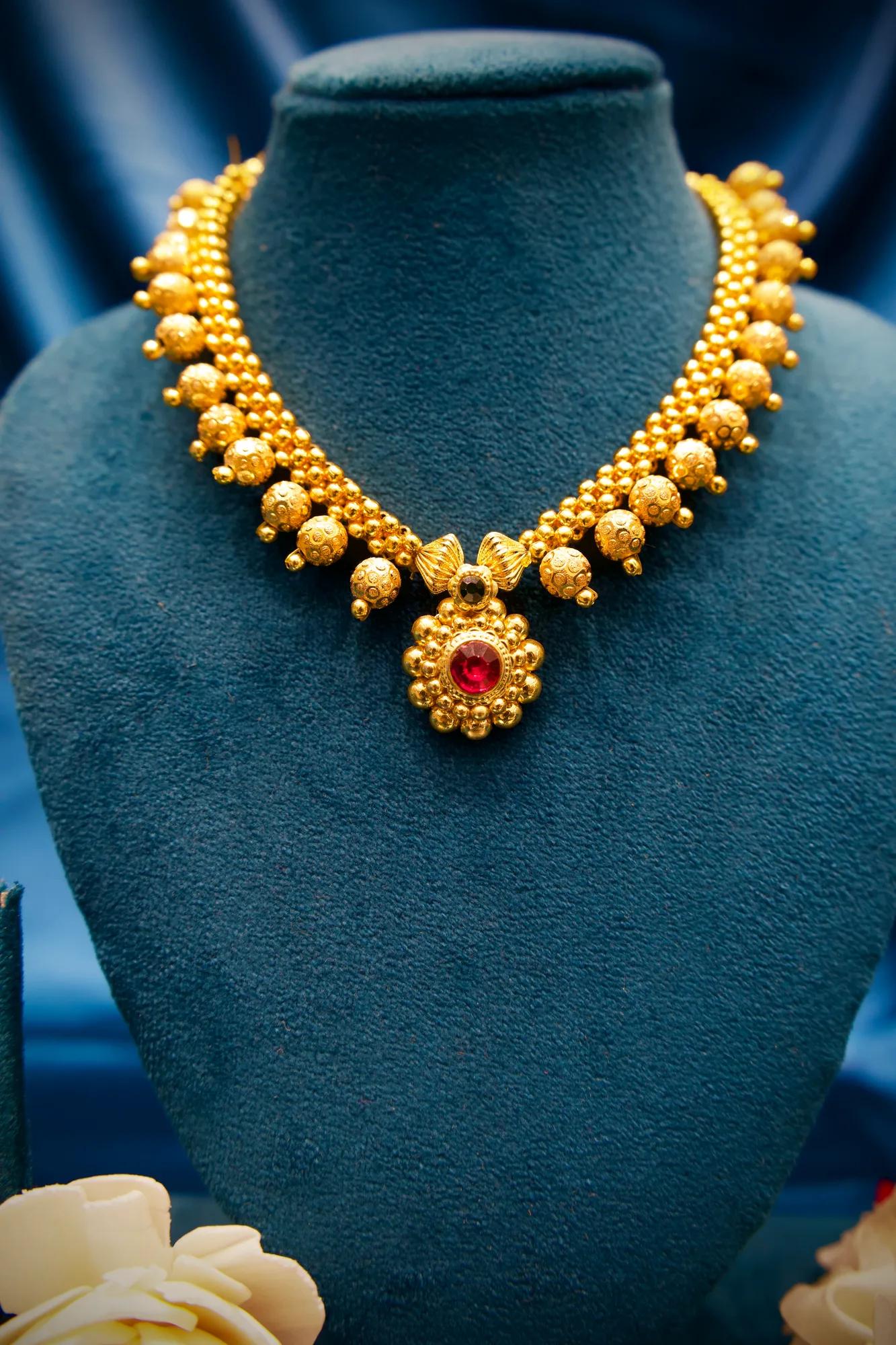 Traditional Gold-Tone Beaded Choker Necklace with Floral Ruby Pendant