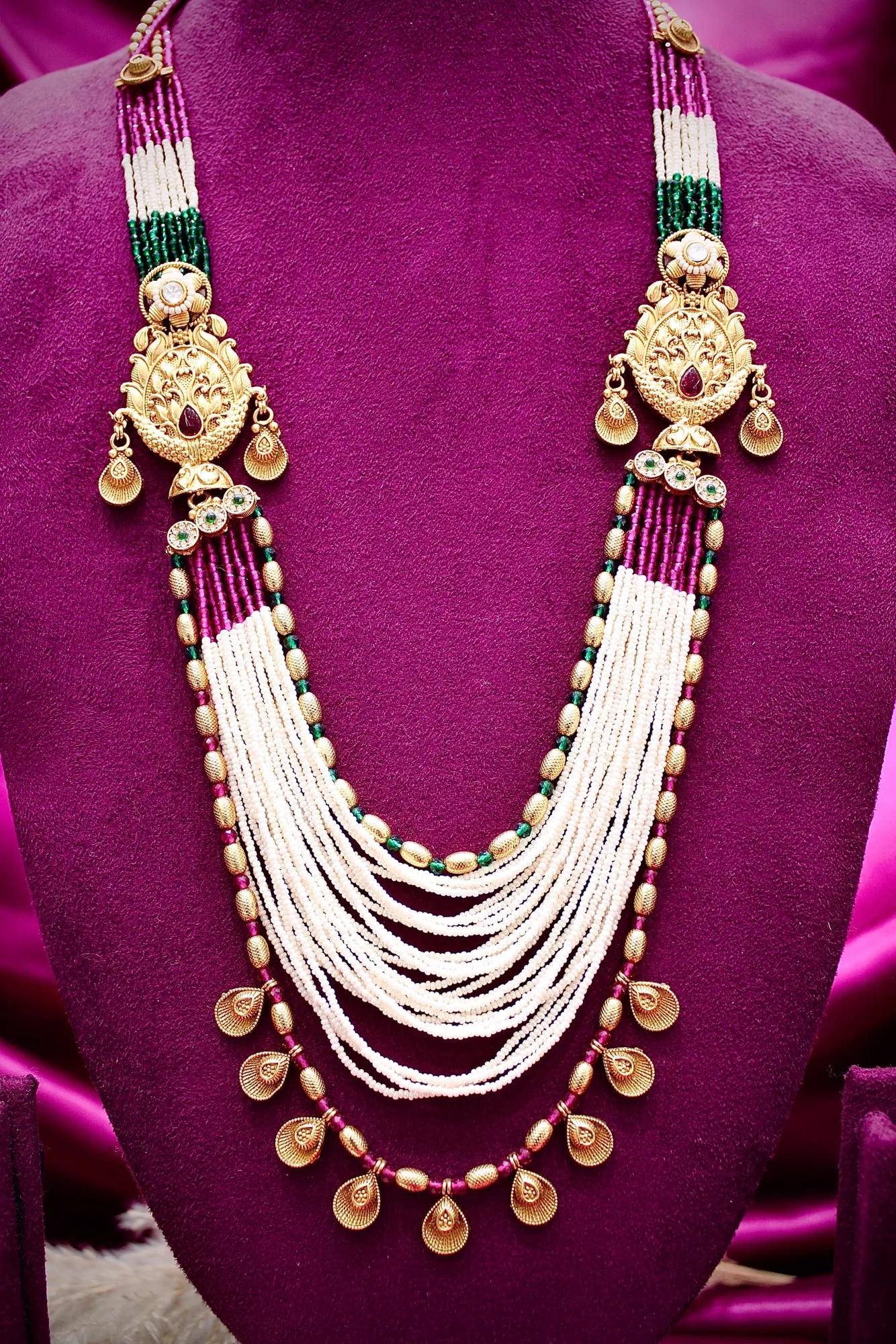 Royal Multi-Layer Pearl Haar Set with Antique Gold Motifs — Image 4