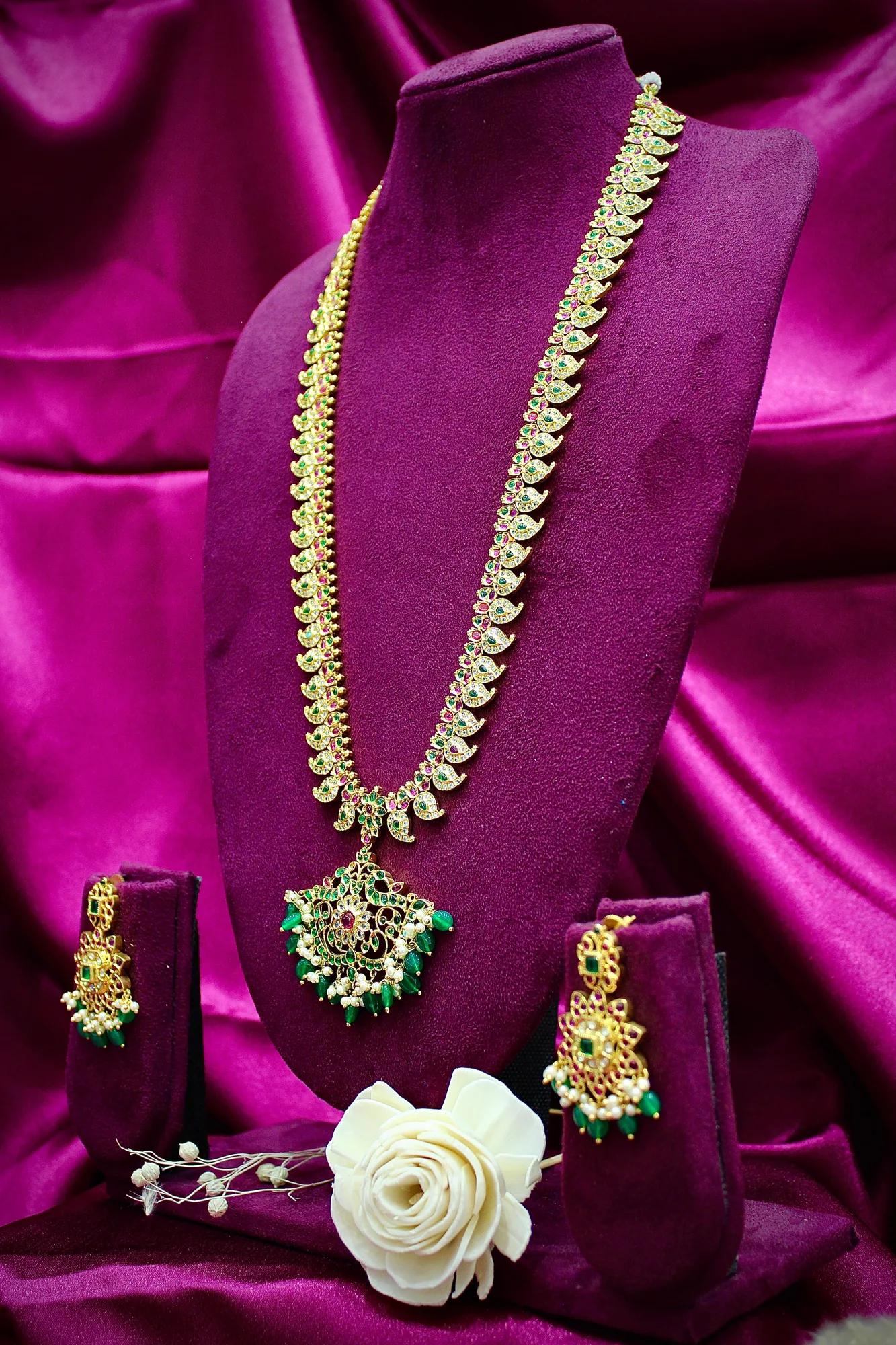 Grand Temple-Inspired Long Haram Necklace Set with Green Beads