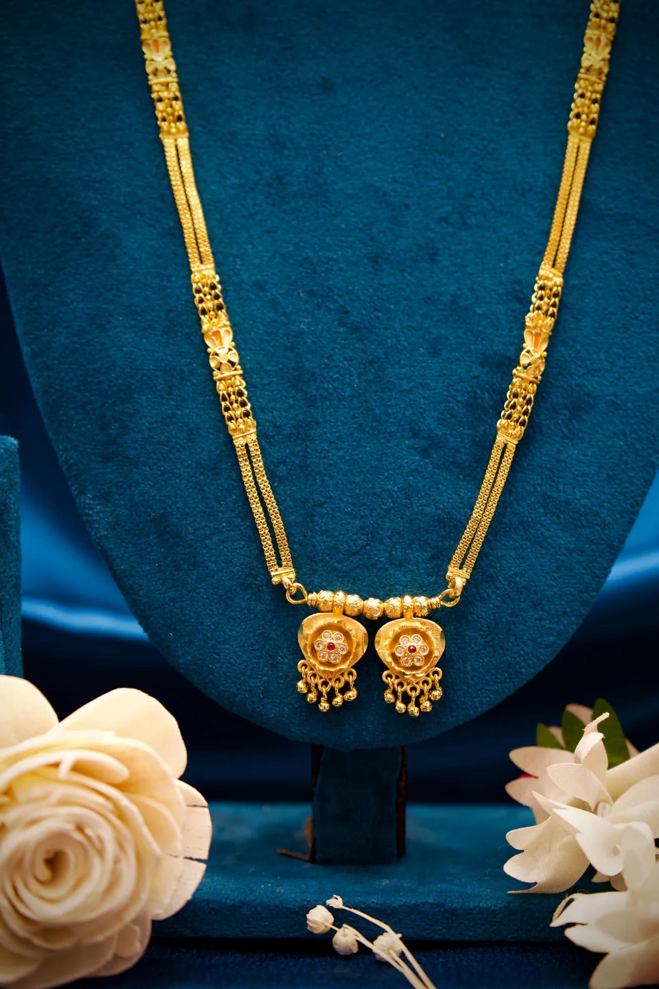 Elegant Twin Floral Pendant Gold-Tone Mangalsutra Necklace