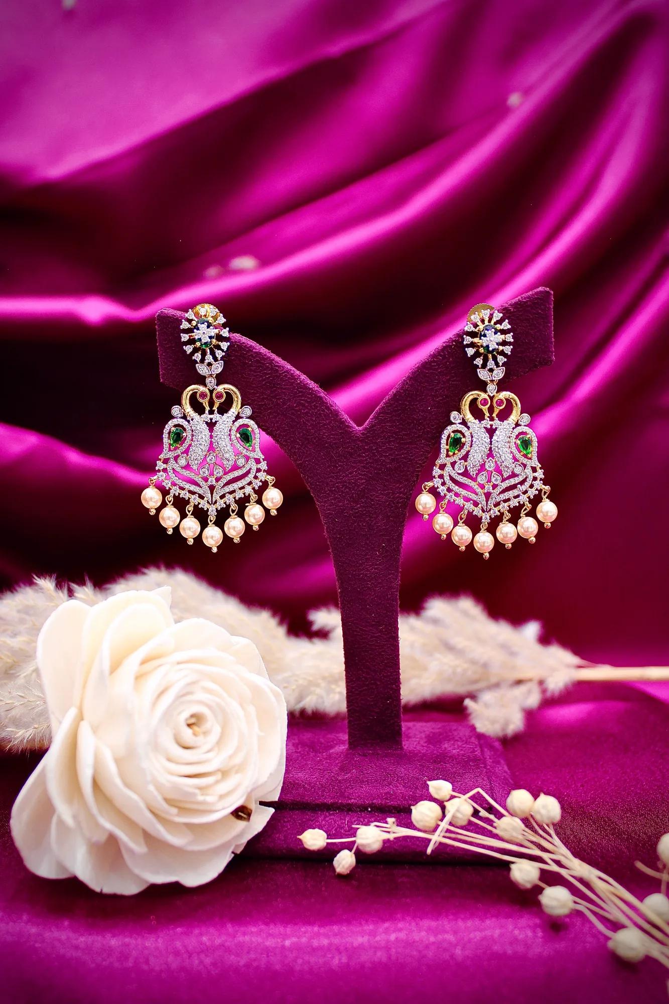 Emerald Peacock Designer Necklace Set with CZ Stones & Pearl Drops