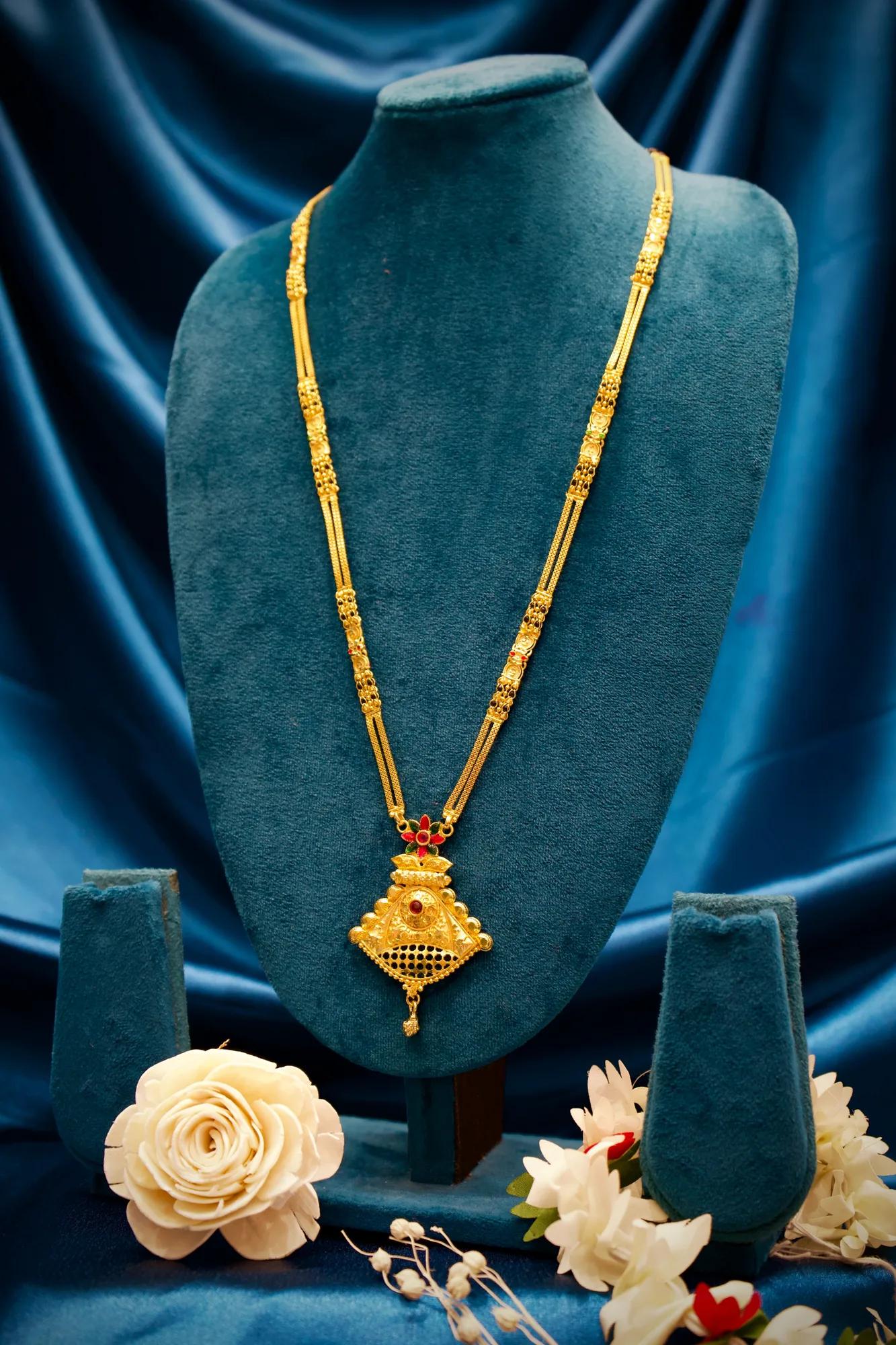 Royal Triangle Floral Pendant Gold-Tone Mangalsutra Necklace