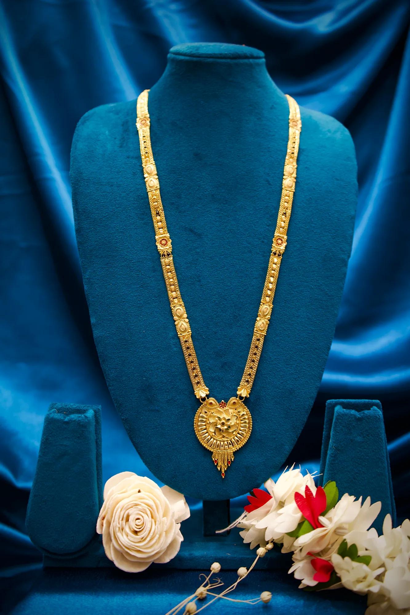 Traditional Antique Gold Long Haram Mangalsutra with Floral Medallion Pendant
