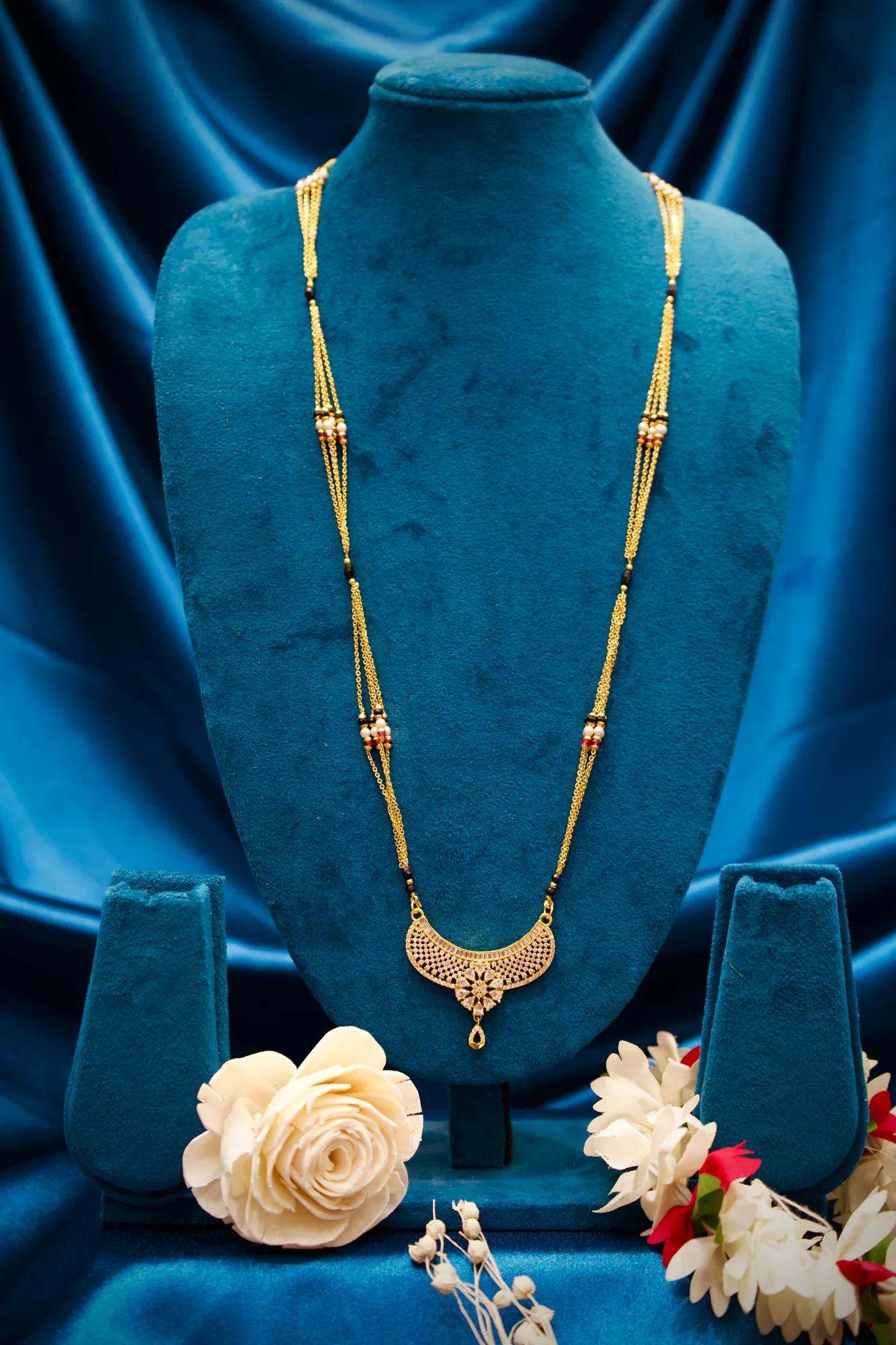 Elegant Diamond-Style Black Bead Mangalsutra with Floral Crescent Pendant
