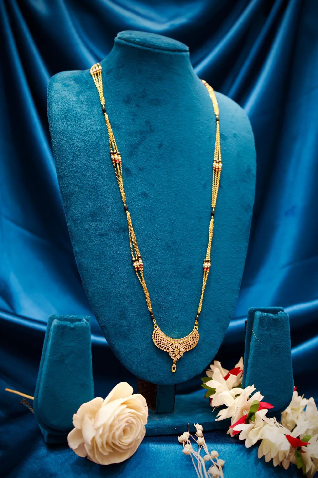 Elegant Diamond-Style Black Bead Mangalsutra with Floral Crescent Pendant