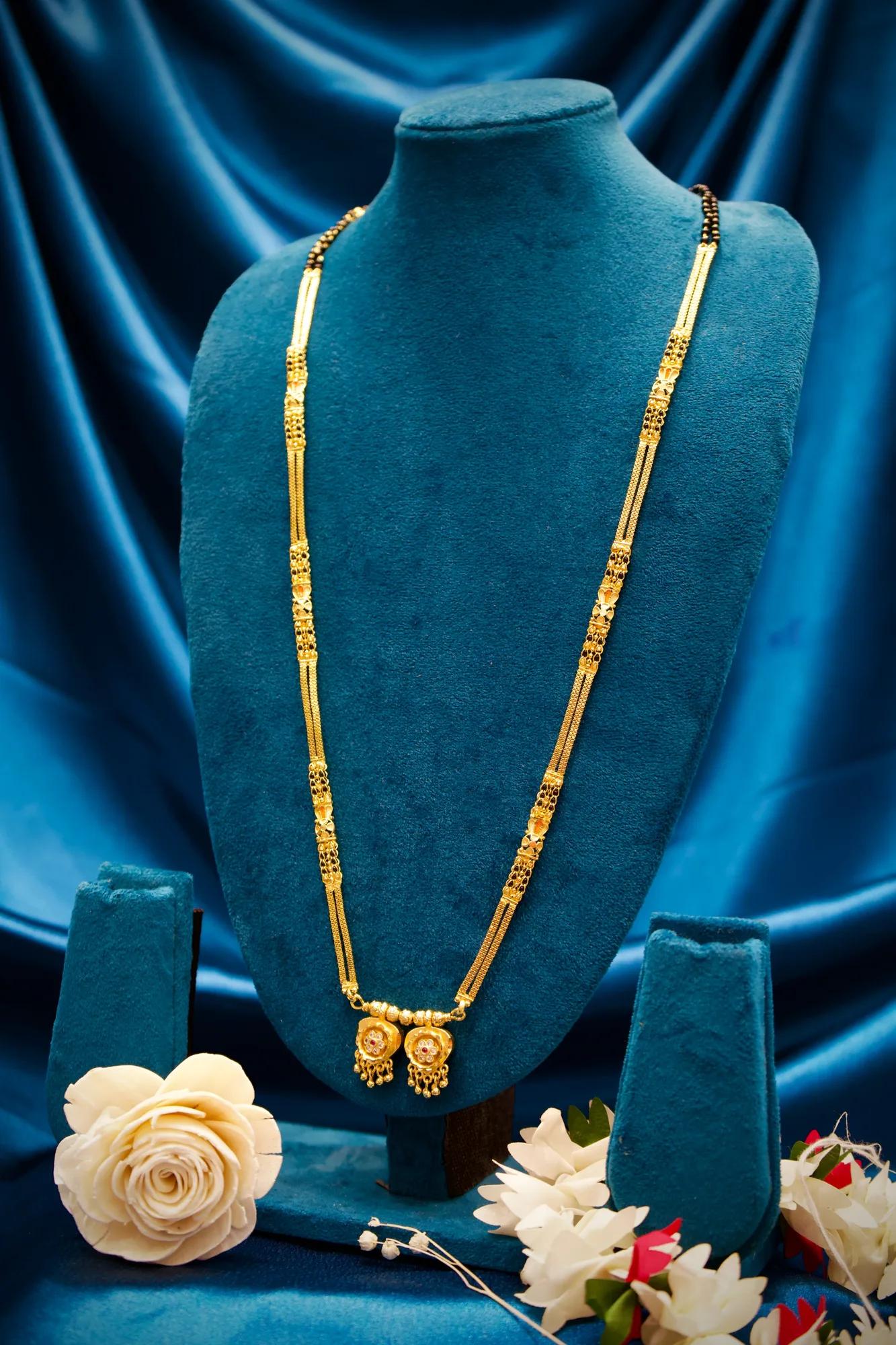 Elegant Twin Floral Pendant Gold-Tone Mangalsutra Necklace